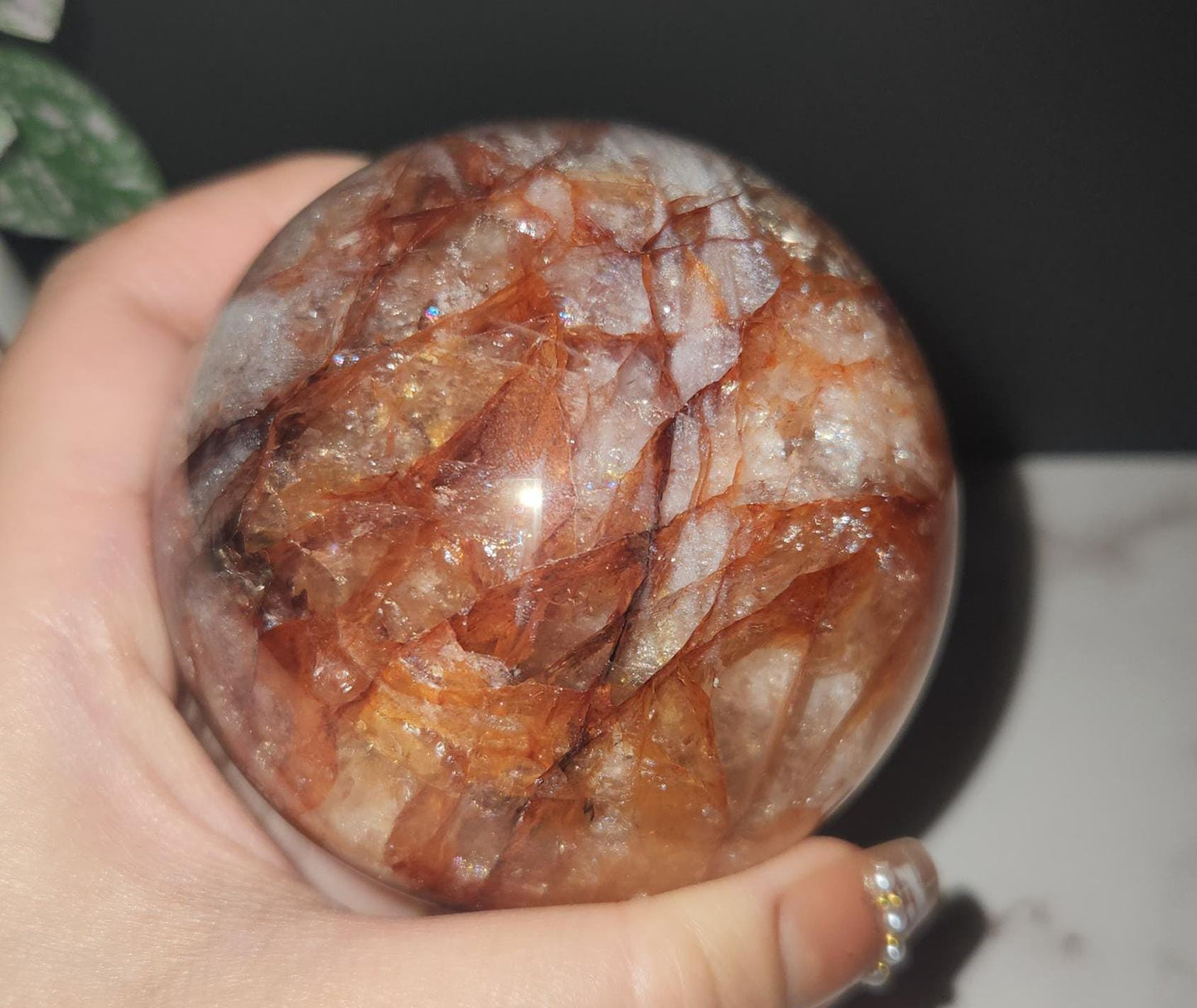 Beautiful natural dark fire quartz sphere with rainbows, Hematoid inclusions, Hematoid quartz, E, 73.9mm