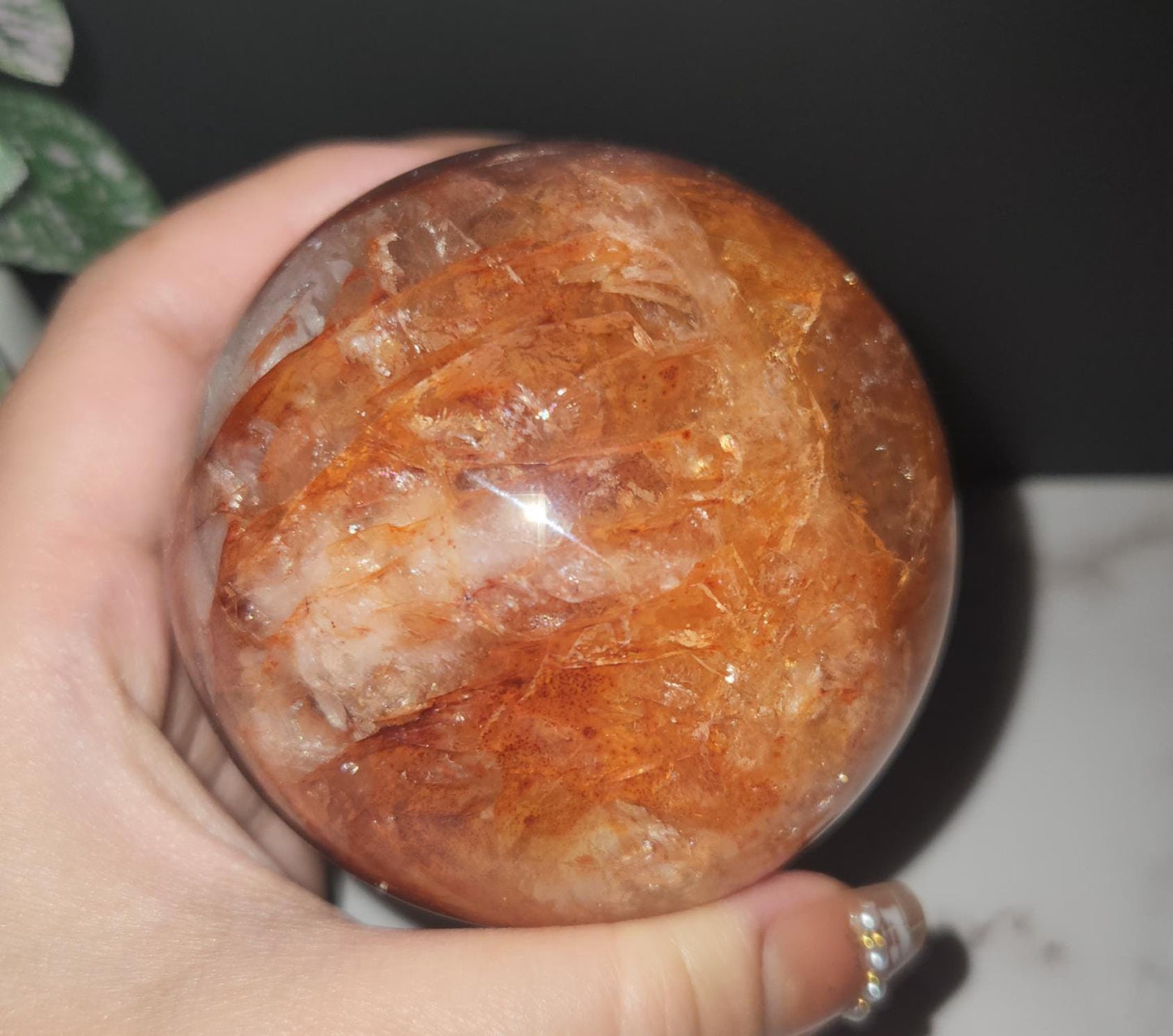 Beautiful natural dark fire quartz sphere with rainbows, Hematoid inclusions, Hematoid quartz, E, 73.9mm