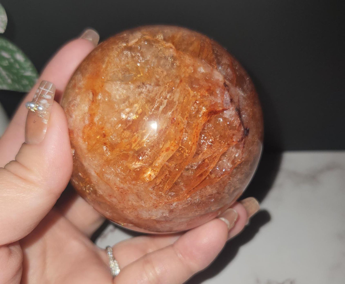 Beautiful natural dark fire quartz sphere with rainbows, Hematoid inclusions, Hematoid quartz, E, 73.9mm