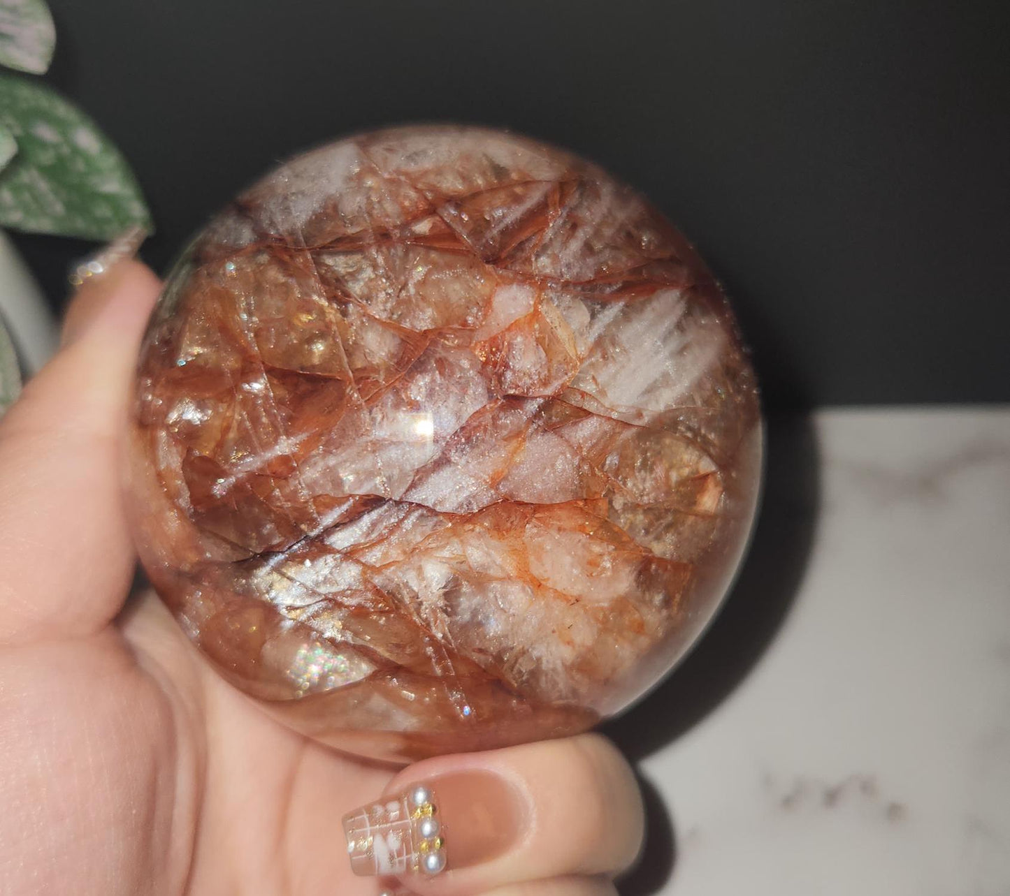 Beautiful natural dark fire quartz sphere with rainbows, Hematoid inclusions, Hematoid quartz, E, 73.9mm