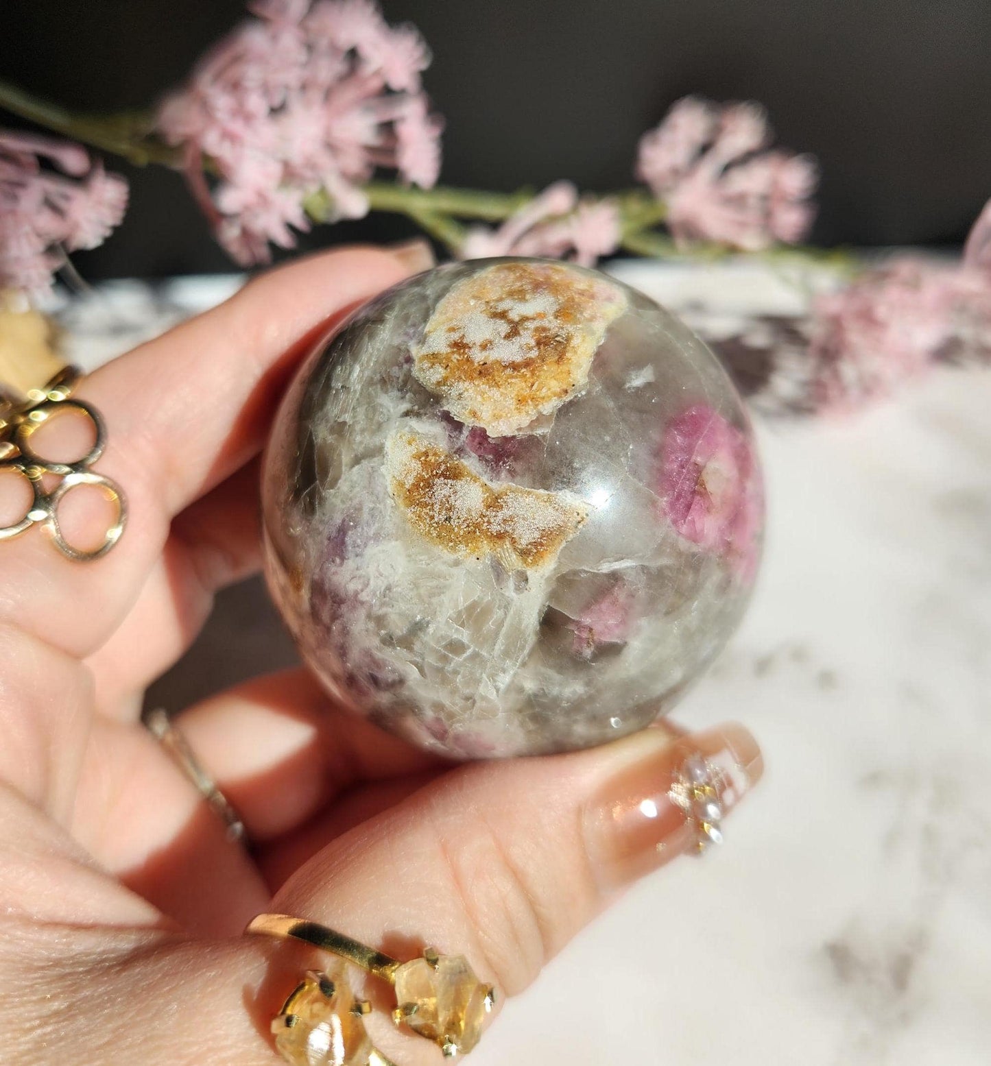 Natural pink tourmaline sphere with sparkly lepidolite, Smoky and clear quartz, E