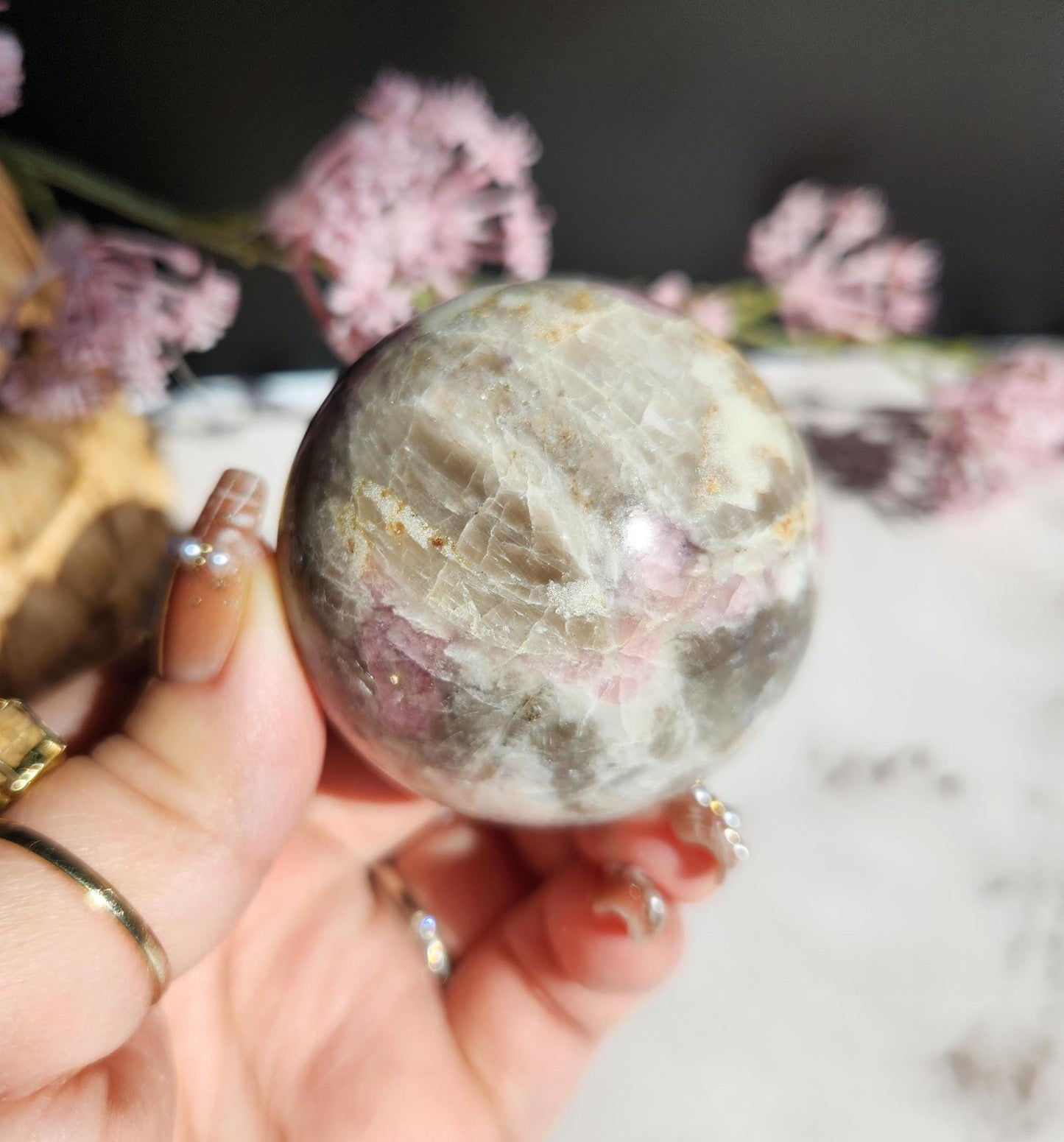 Natural pink tourmaline sphere with sparkly lepidolite, Smoky and clear quartz, E