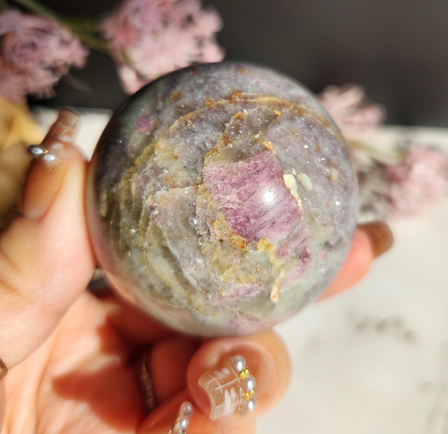 Natural pink tourmaline sphere with sparkly lepidolite, Smoky and clear quartz, E