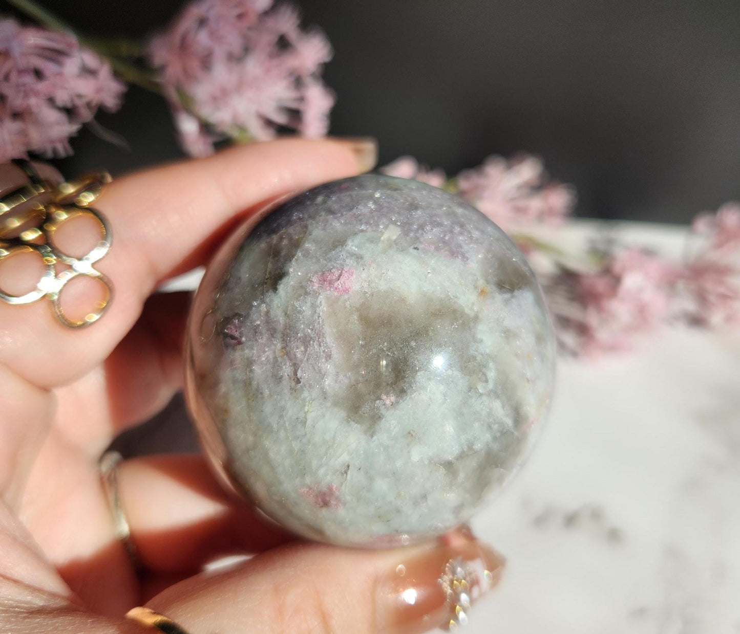 Natural pink tourmaline sphere with sparkly lepidolite, Smoky and clear quartz, E