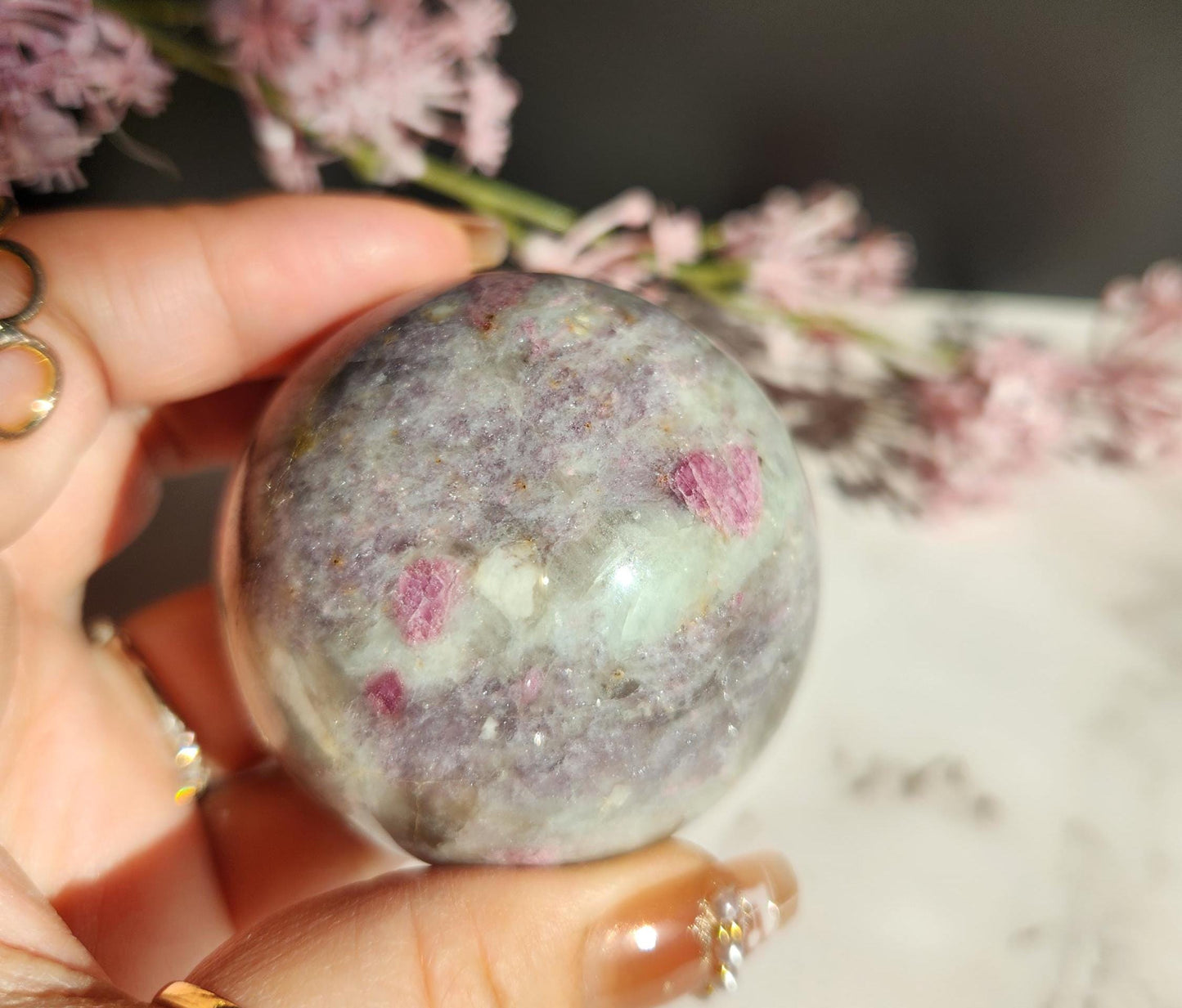 Natural pink tourmaline sphere with sparkly lepidolite, Smoky and clear quartz, E
