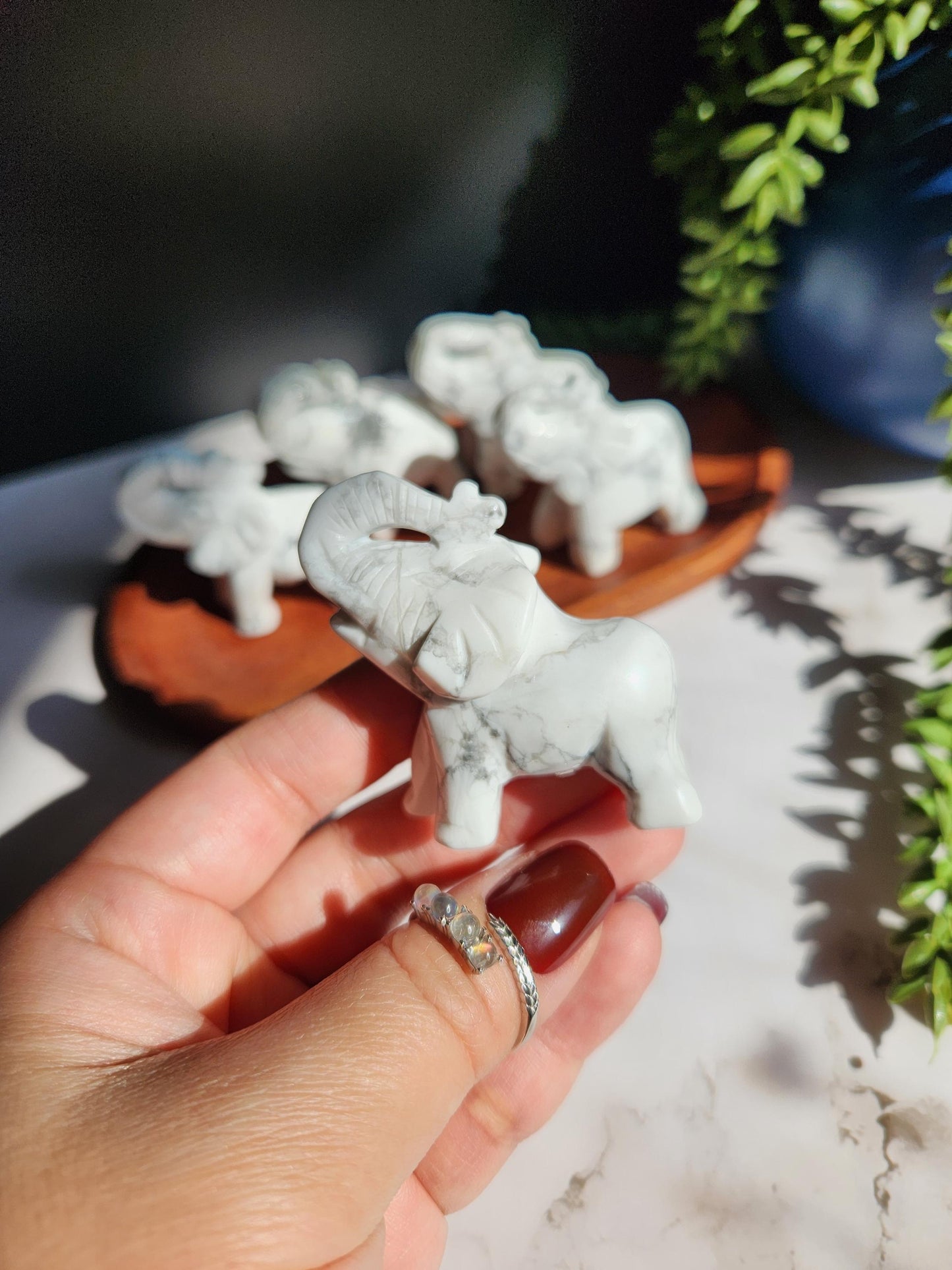 Beautiful hand carved howlite elephants, natural howlite