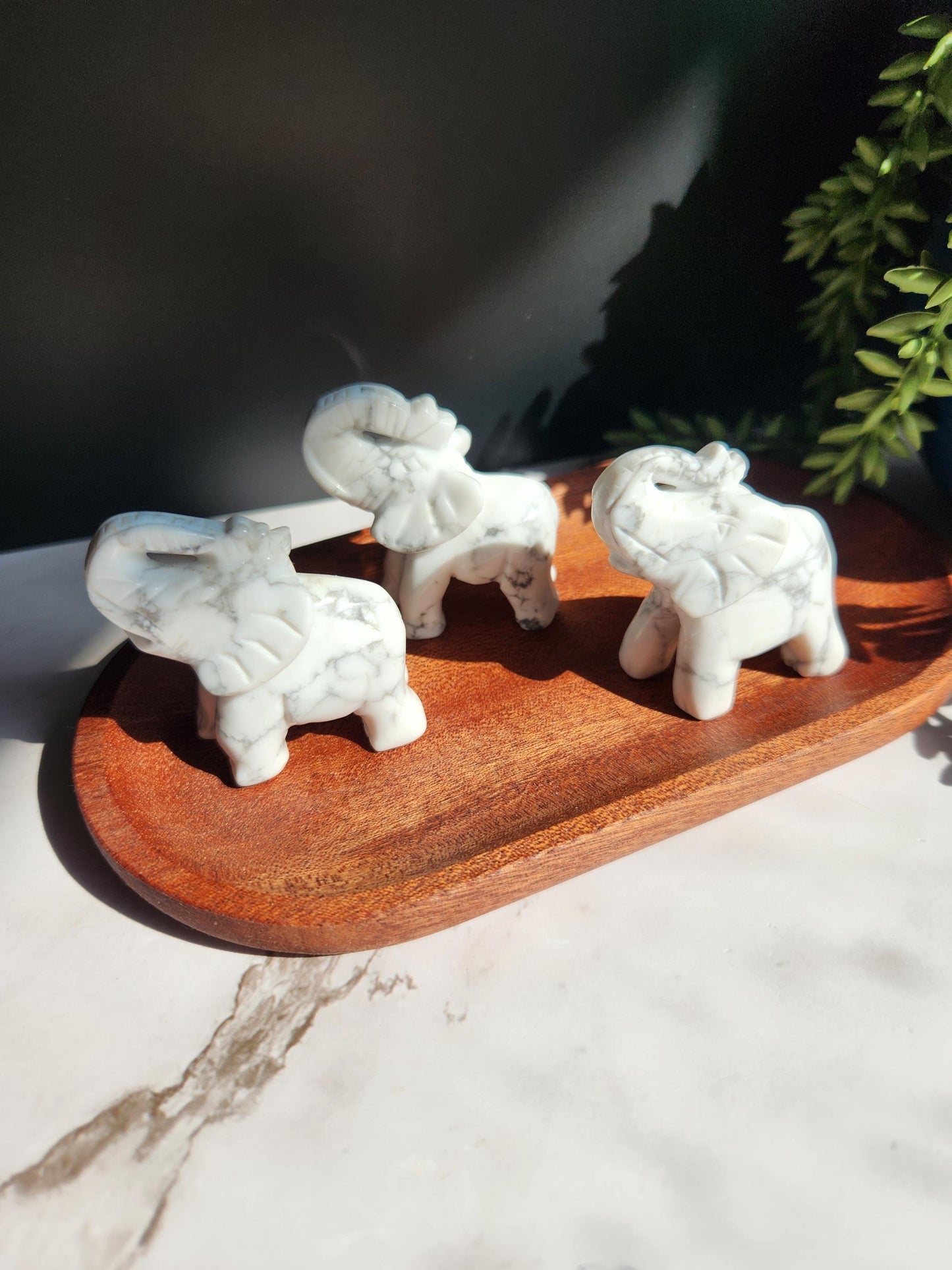 Beautiful hand carved howlite elephants, natural howlite