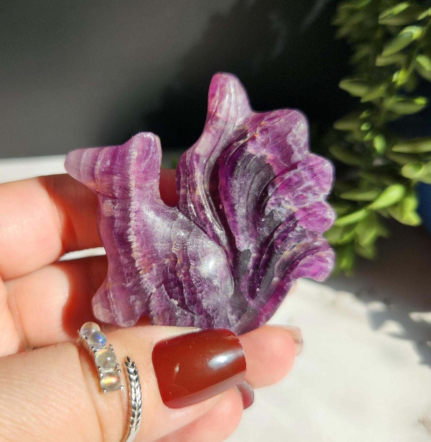 Natural purple fluorite 9 tail fox carving with beautiful bandings