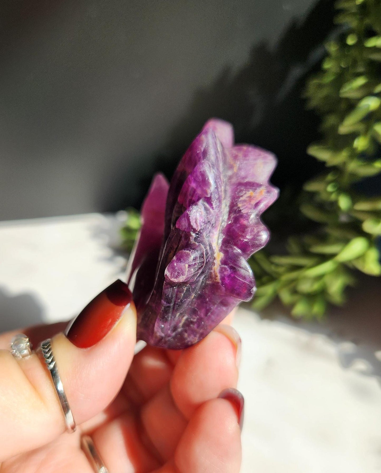 Natural purple fluorite 9 tail fox carving with beautiful bandings