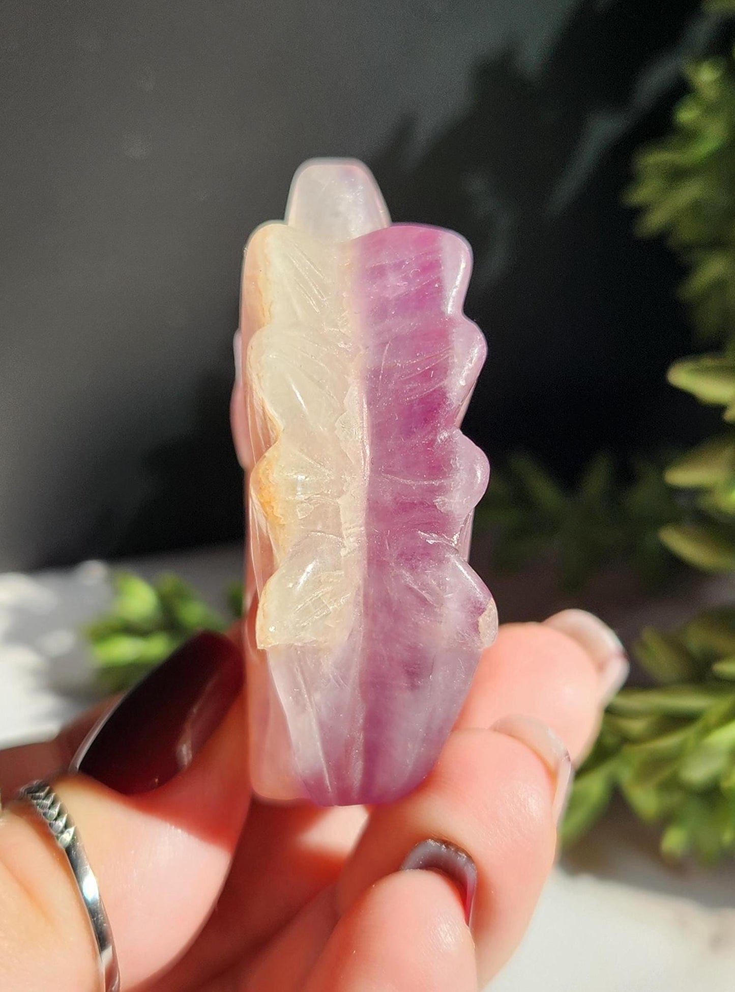 Natural fluorite 9 tail fox carving with golden healer inclusions