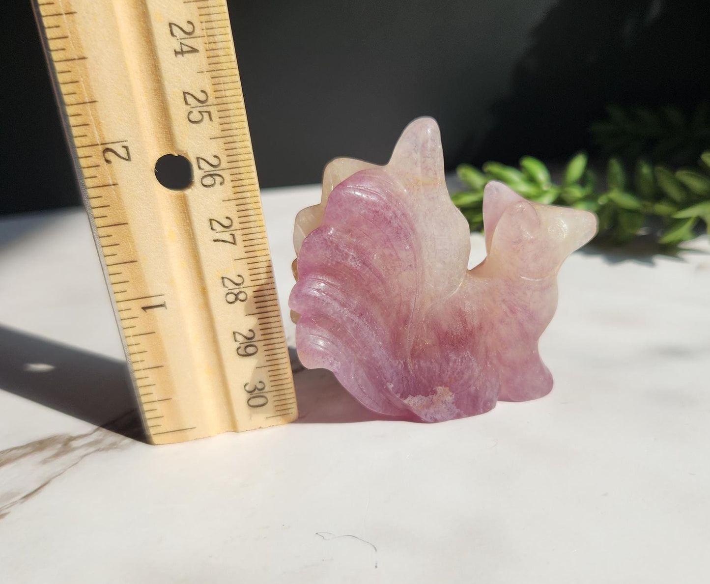 Natural fluorite 9 tail fox carving with golden healer inclusions