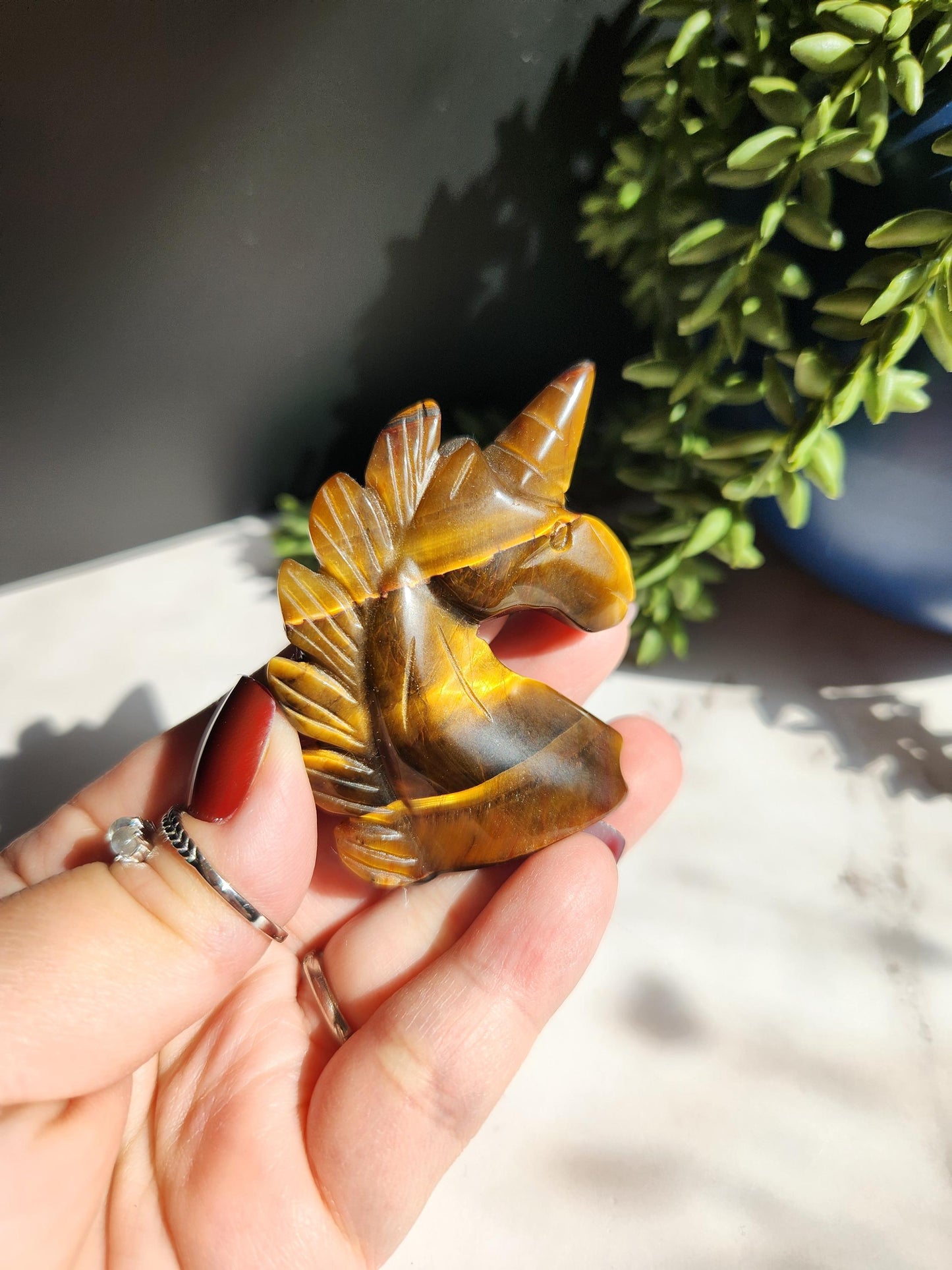 Beautiful flashy tiger eye unicorn carving, self standing
