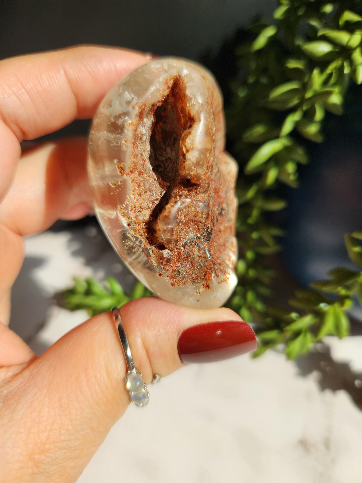 Natural lodolite garden quartz lens from Brazil, half polish and half raw