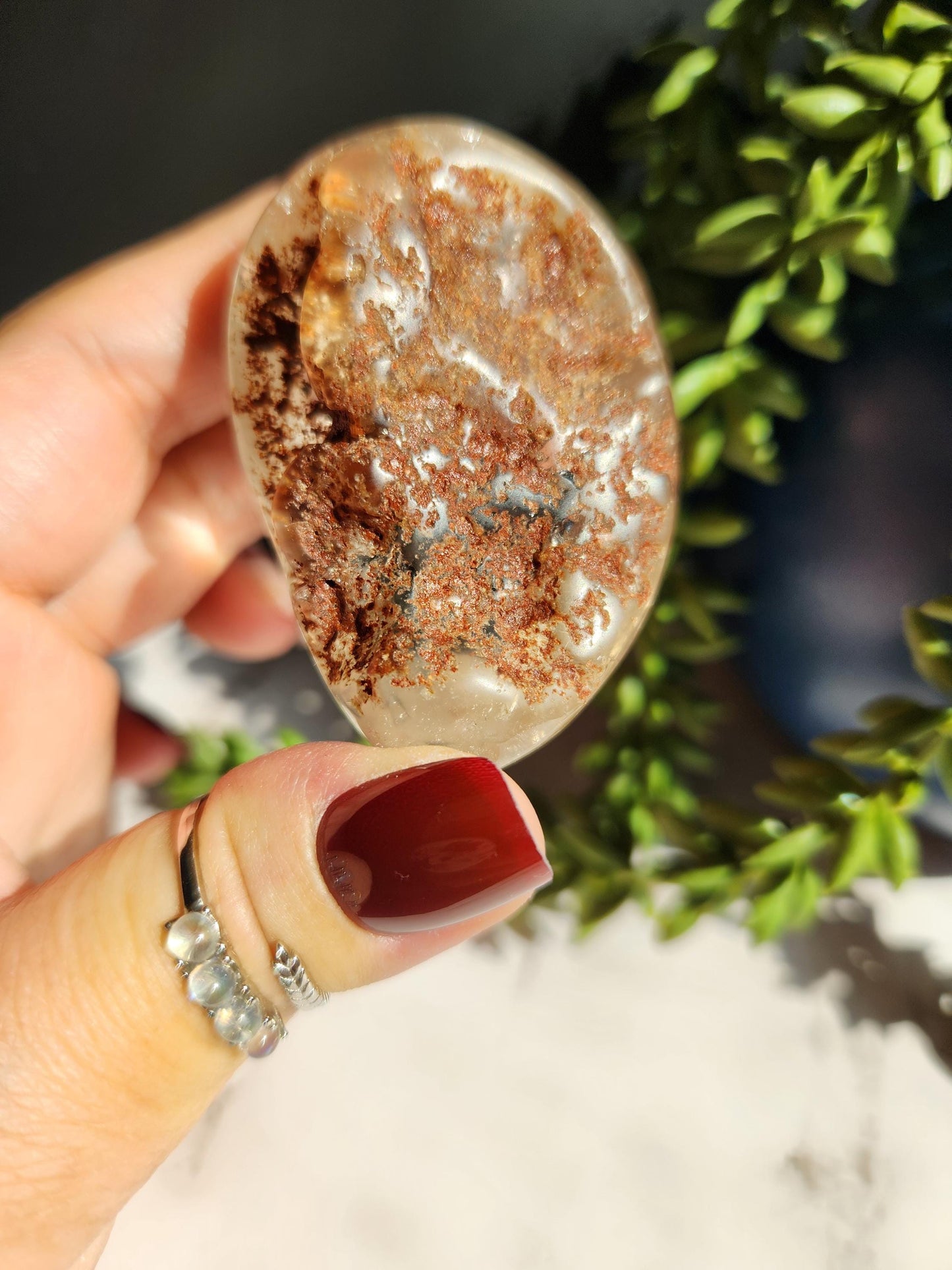 Natural lodolite garden quartz lens from Brazil, half polish and half raw