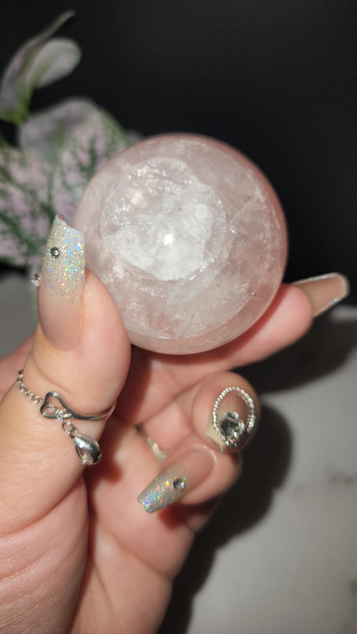 High quality 6 star rose quartz sphere with rainbows from Mozambique D35 R1
