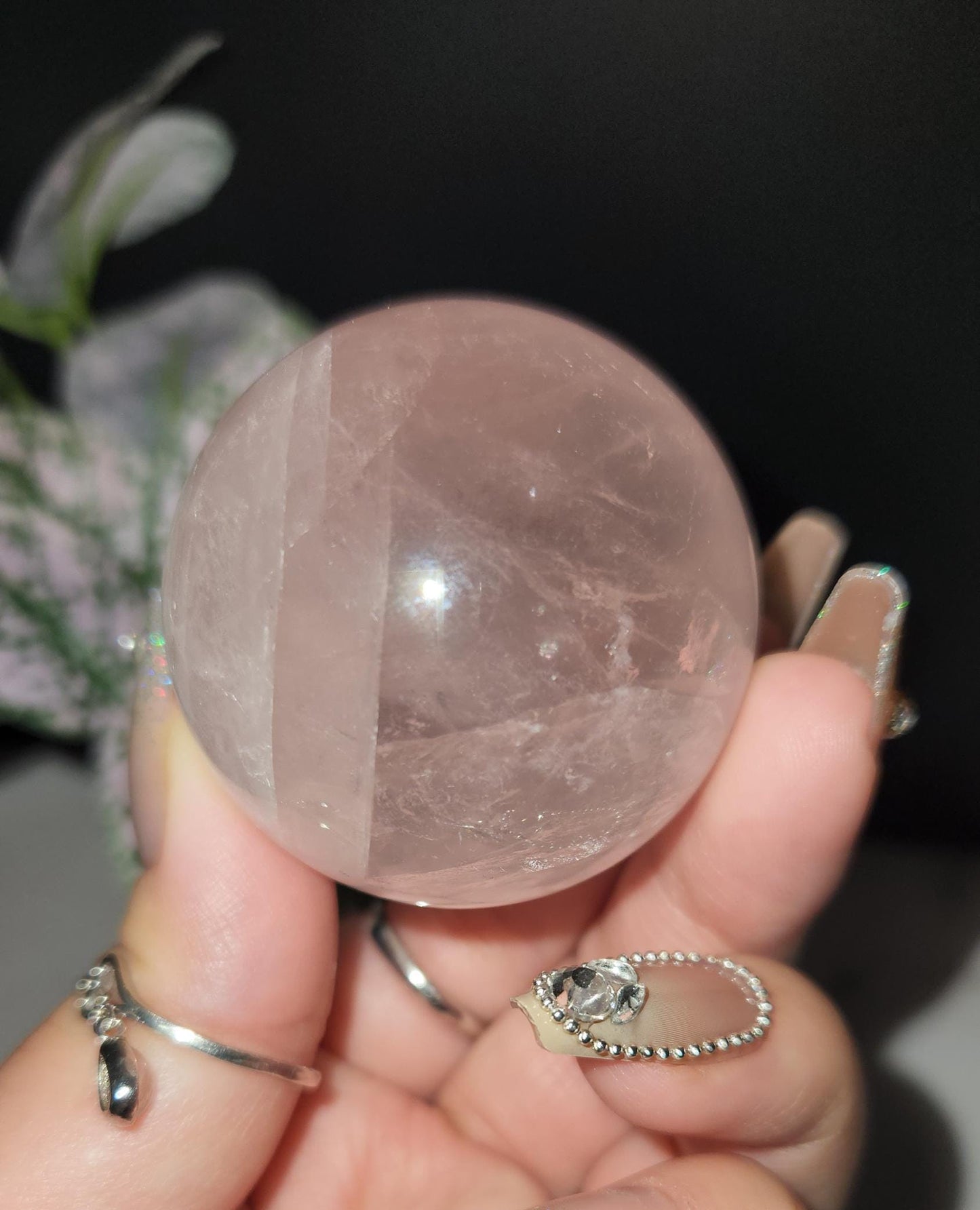 High quality 6 star rose quartz sphere with rainbows from Mozambique D35 R1