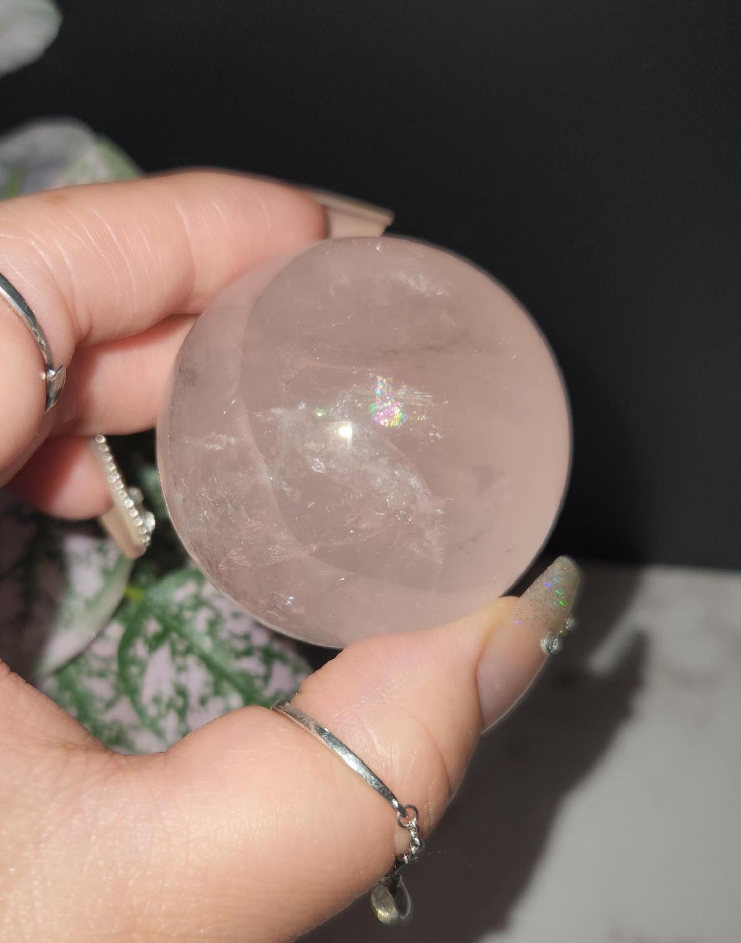 High quality 6 star rose quartz sphere with rainbows from Mozambique D35 R1