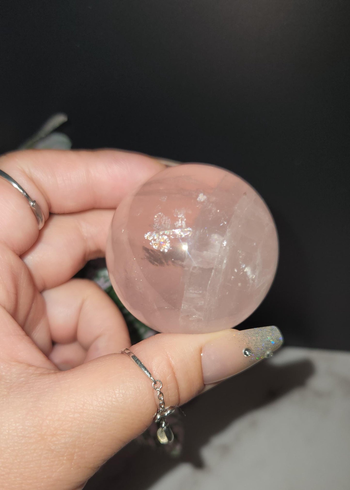 High quality 6 star rose quartz sphere with rainbows from Mozambique D35 R1