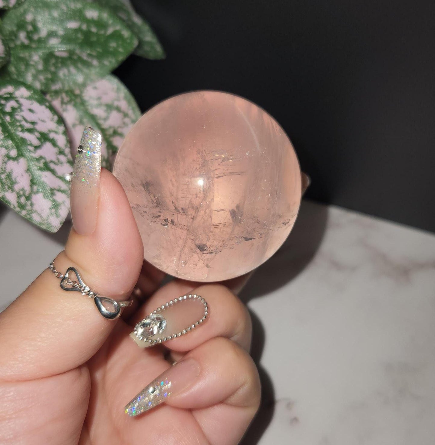High quality double 6 star rose quartz sphere with rainbows from Mozambique N44 R2