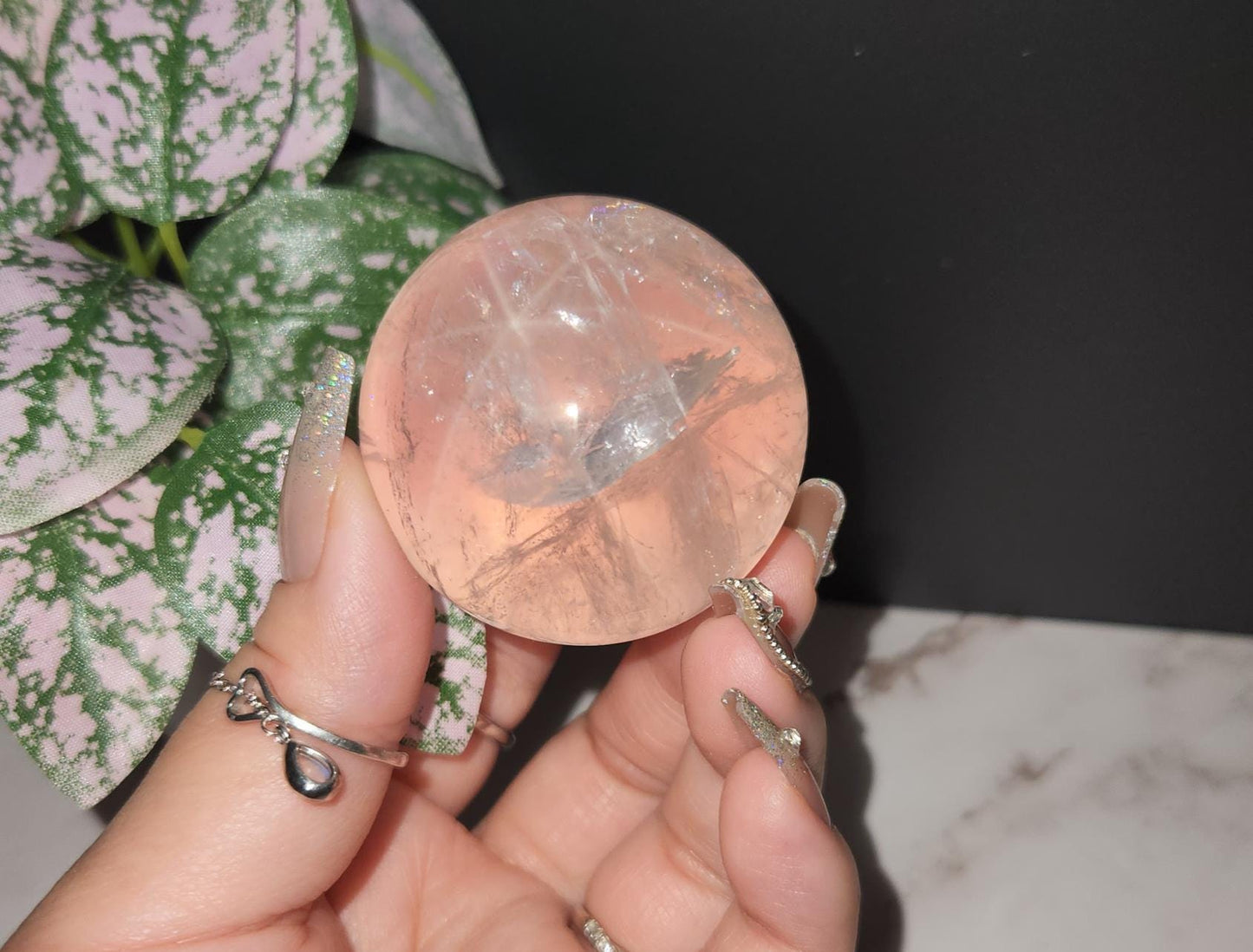 High quality 6 star rose quartz sphere with rainbows and asterism from Mozambique Q40 R3