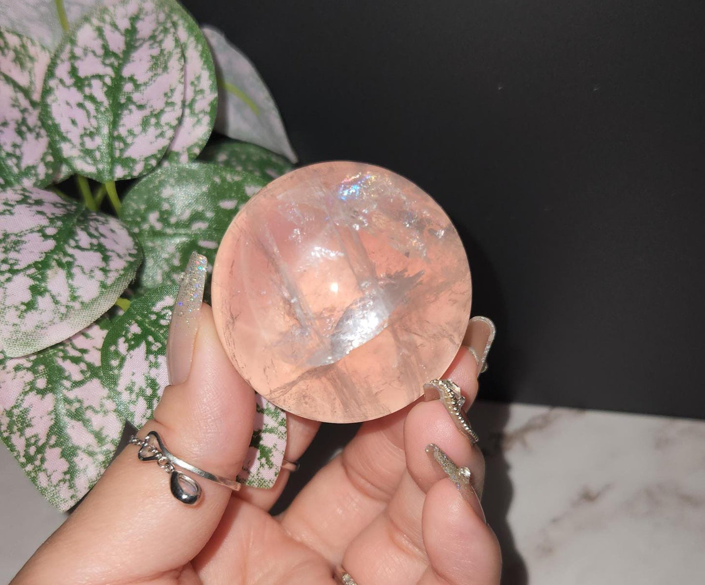 High quality 6 star rose quartz sphere with rainbows and asterism from Mozambique Q40 R3