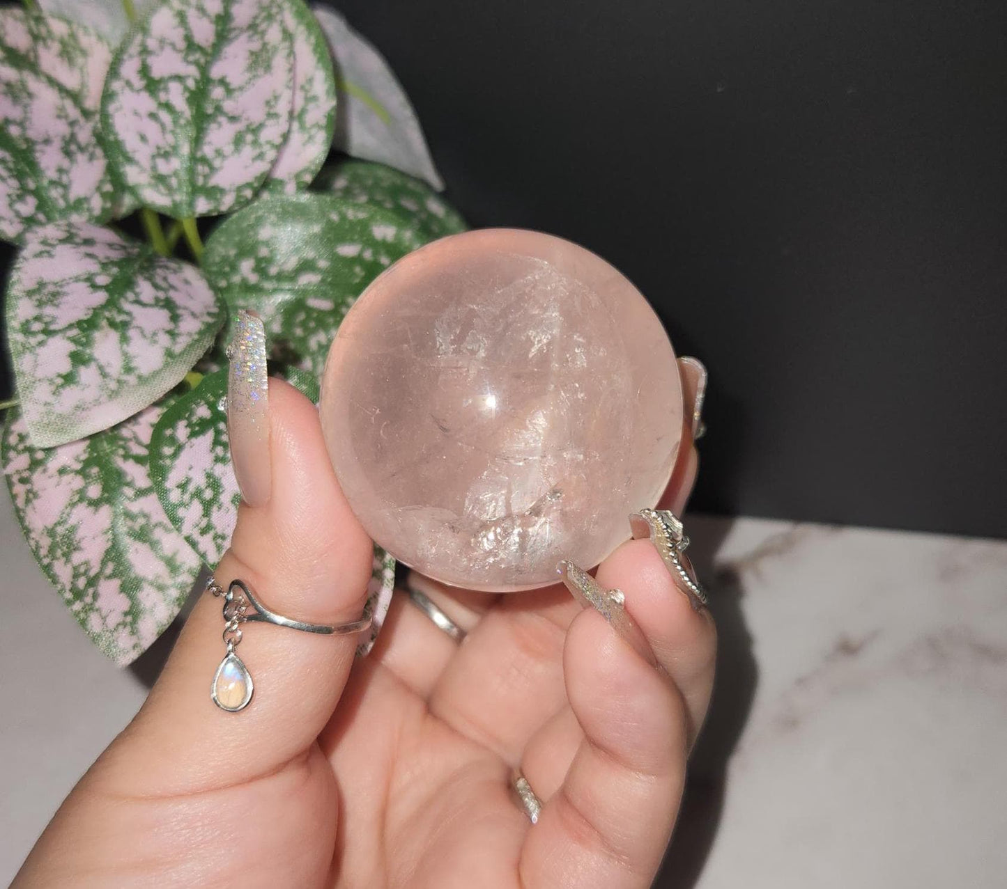 High quality 6 star rose quartz sphere with rainbows and asterism from Mozambique Q40 R3