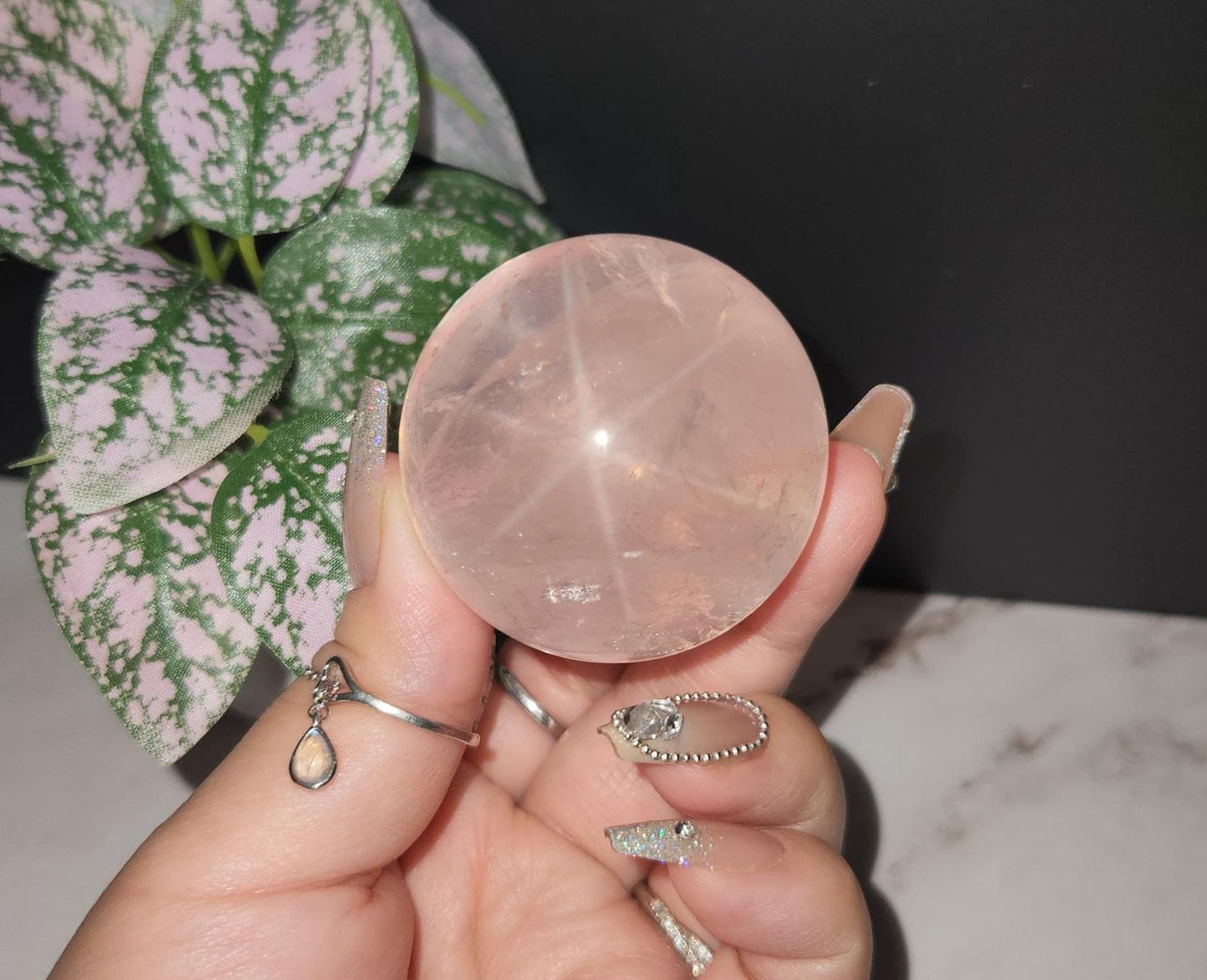 High quality 6 star rose quartz sphere with rainbows and asterism from Mozambique Q40 R3