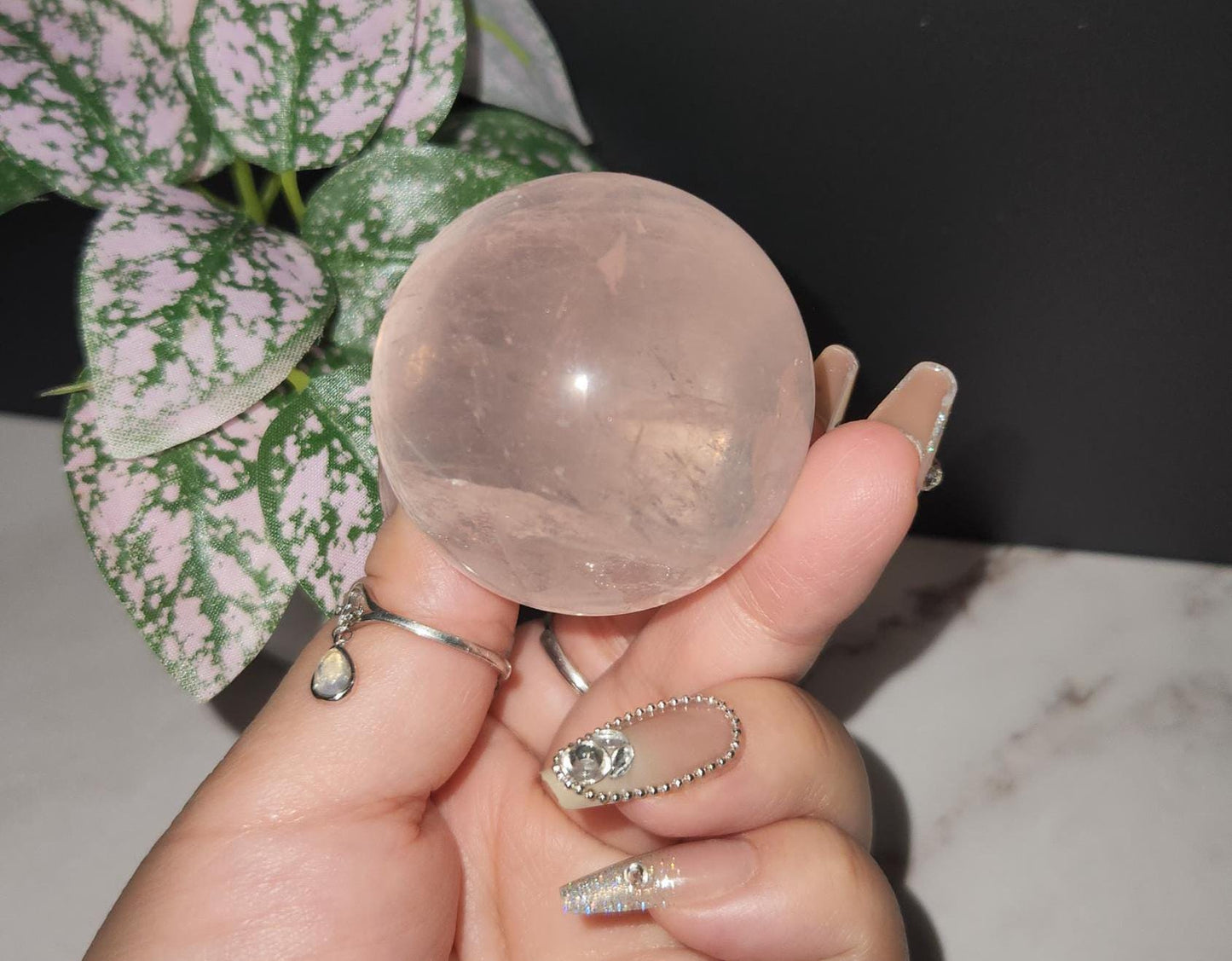 High quality 6 star rose quartz sphere with rainbows and asterism from Mozambique Q40 R3