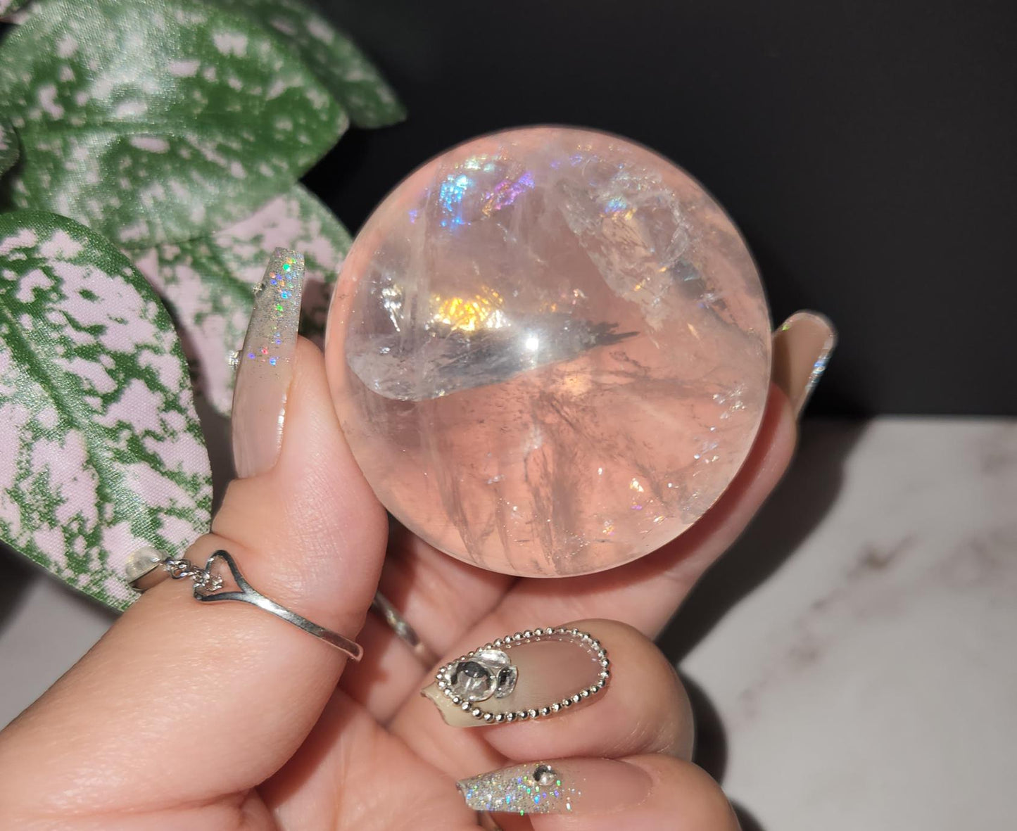 High quality 6 star rose quartz sphere with rainbows and asterism from Mozambique Q40 R3