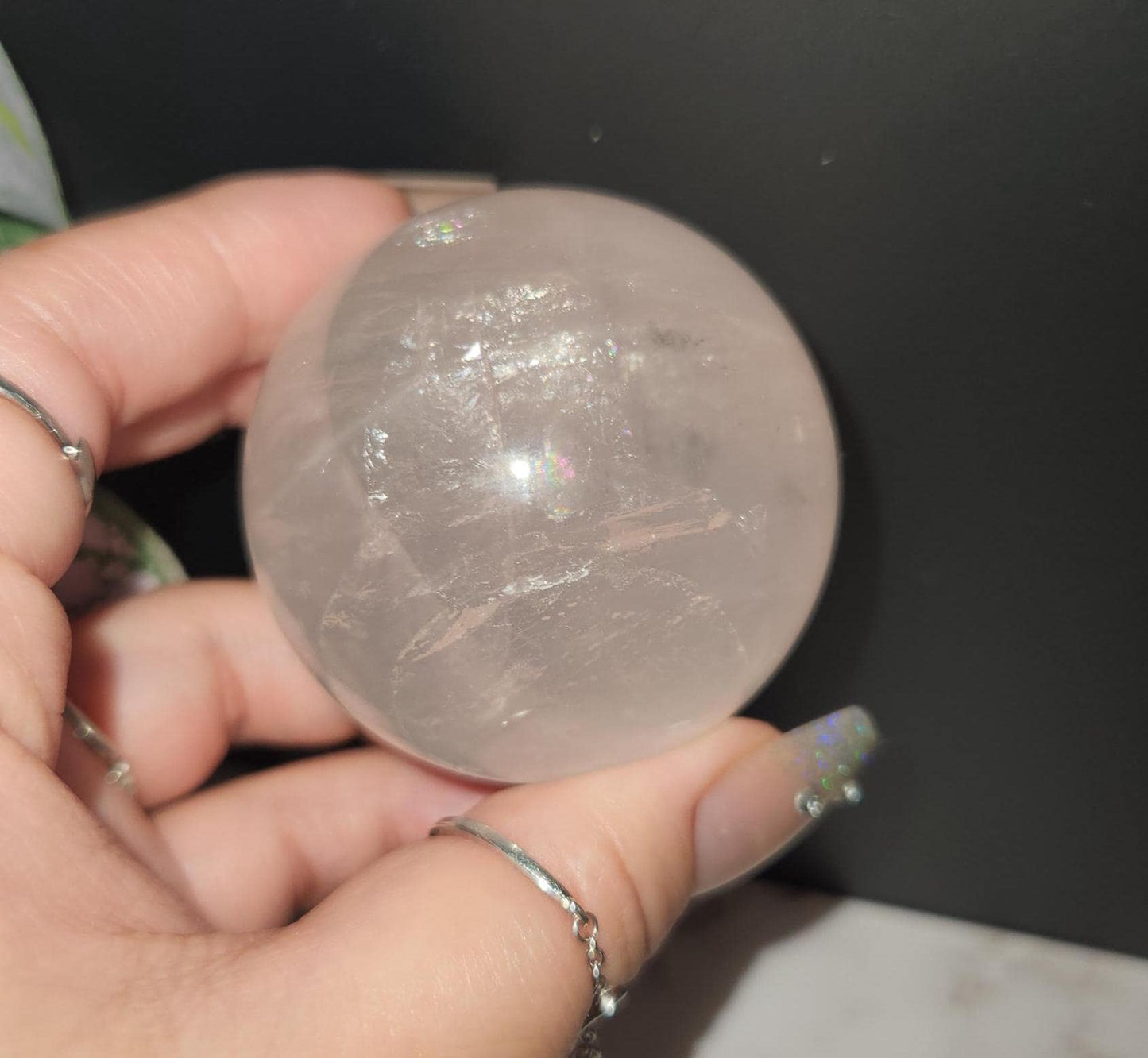 High quality 6 star rose quartz sphere with rainbows and asterism from Mozambique T55 R5