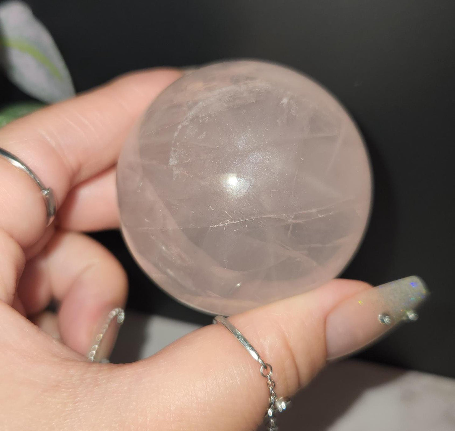 High quality 6 star rose quartz sphere with rainbows and asterism from Mozambique T55 R5