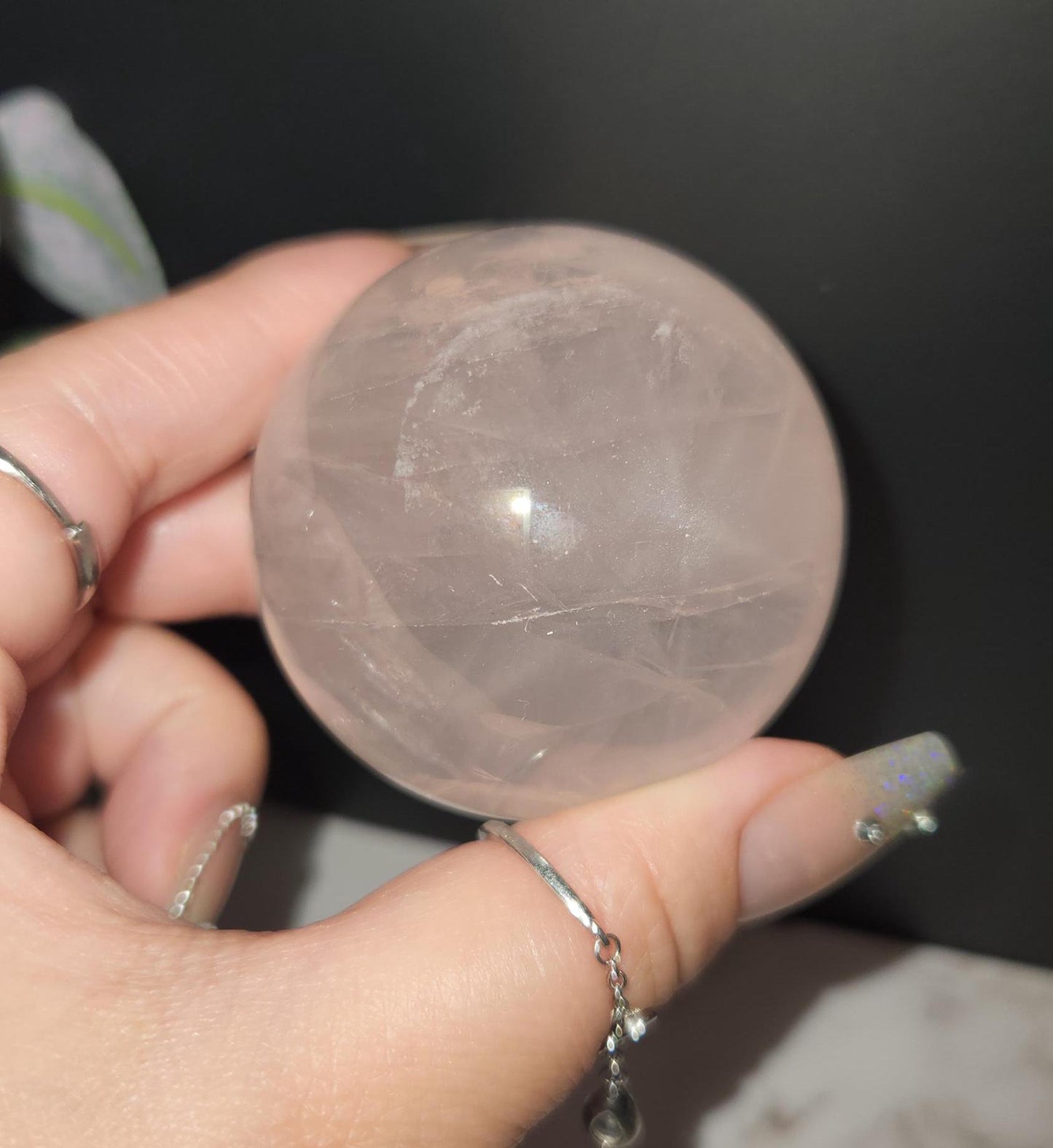 High quality 6 star rose quartz sphere with rainbows and asterism from Mozambique T55 R5