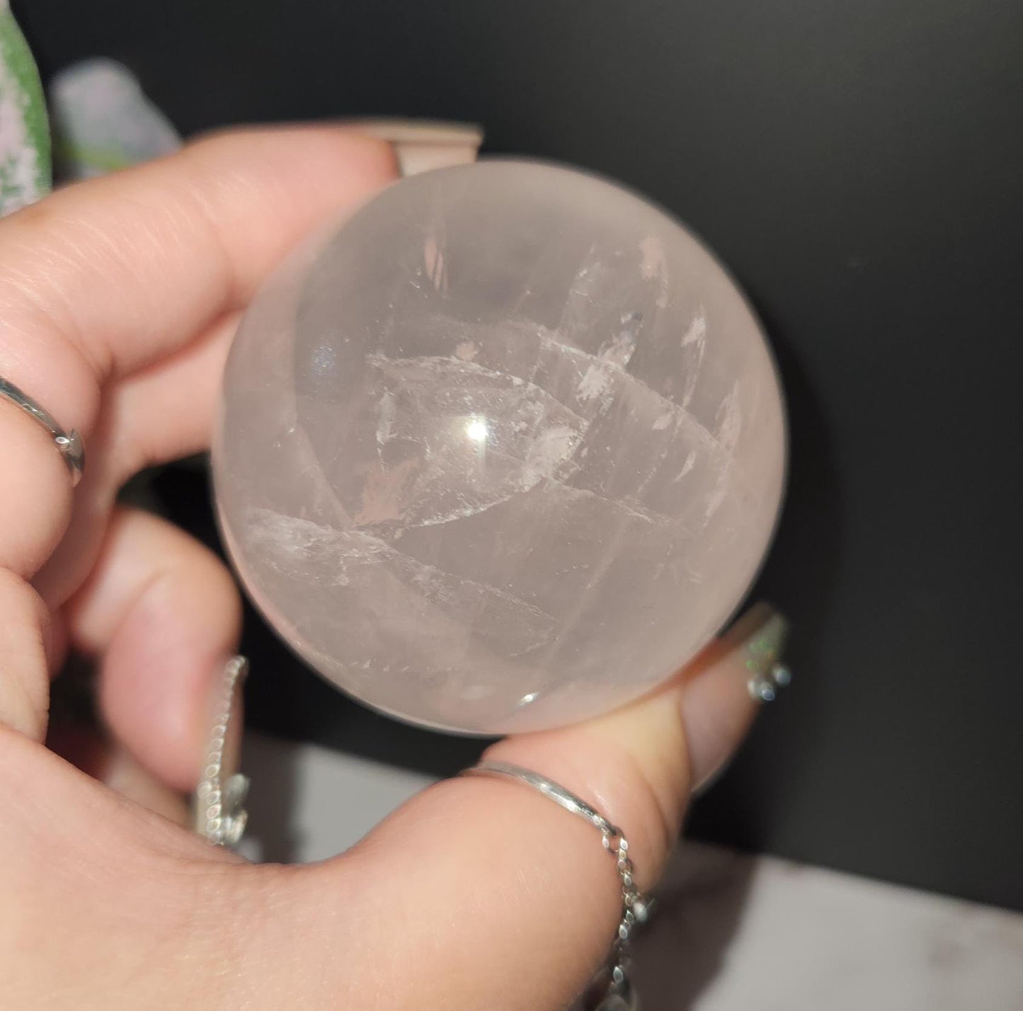 High quality 6 star rose quartz sphere with rainbows and asterism from Mozambique T55 R5