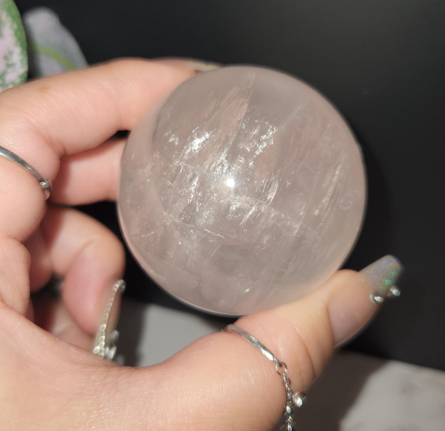 High quality 6 star rose quartz sphere with rainbows and asterism from Mozambique T55 R5