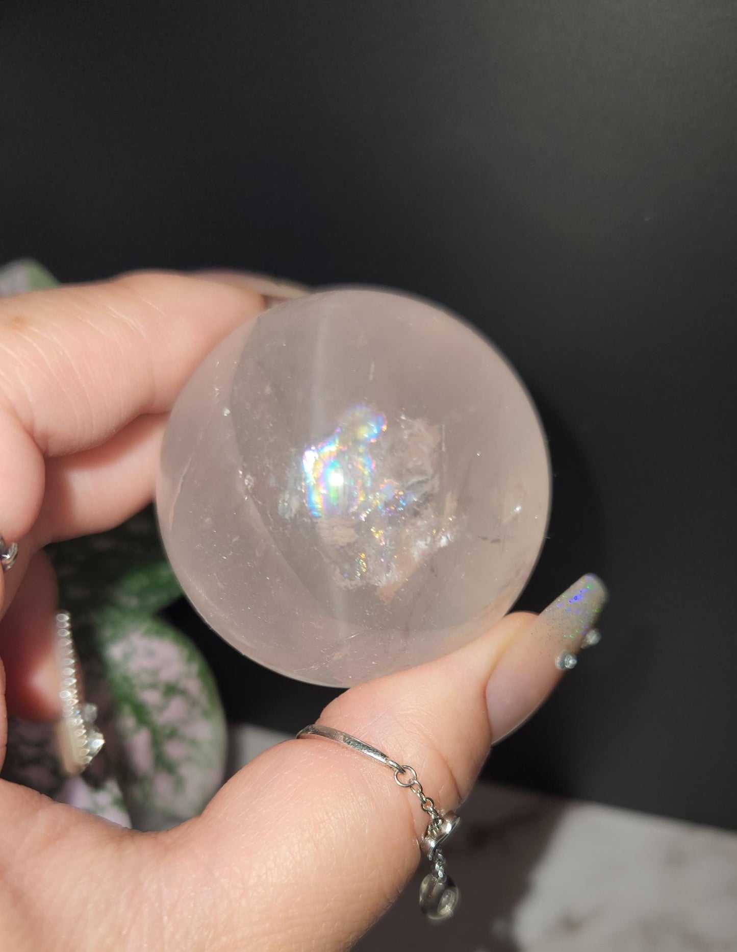 High quality 6 star rose quartz sphere with rainbows and asterism from Mozambique W36 R8