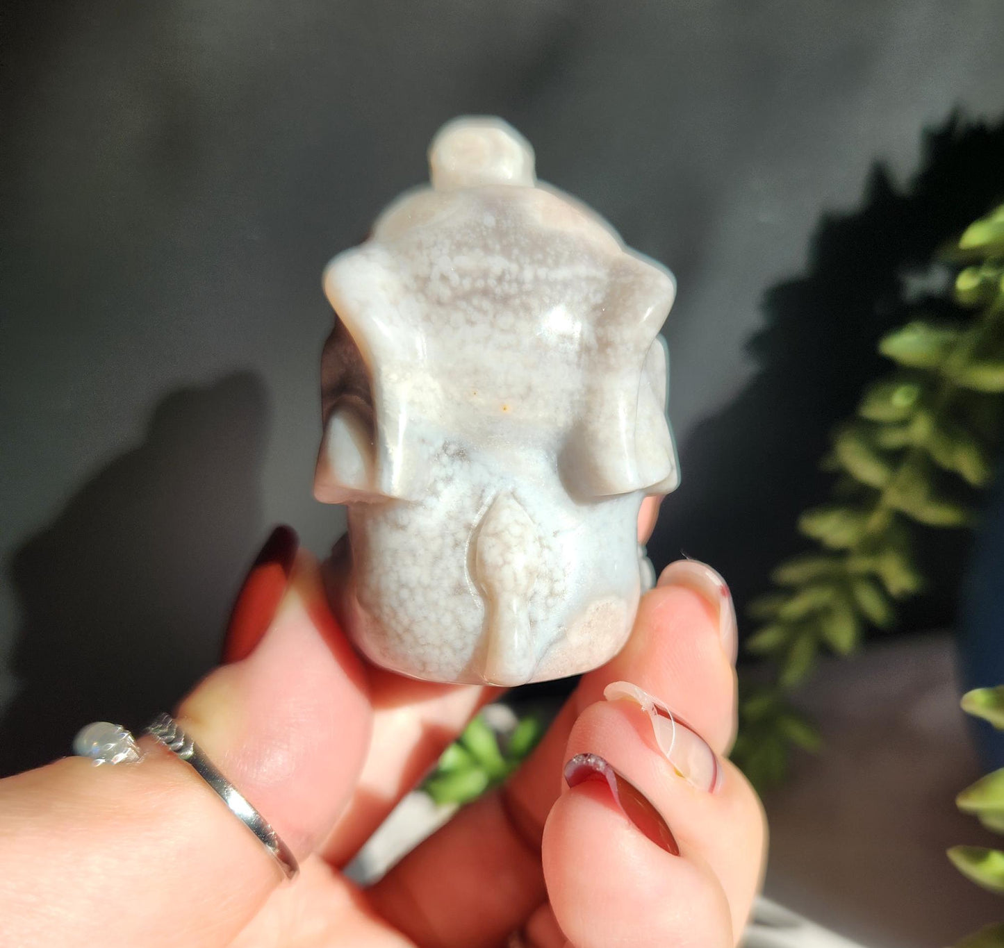 Beautiful happy hand carved pink amethyst flower agate elephant, natural