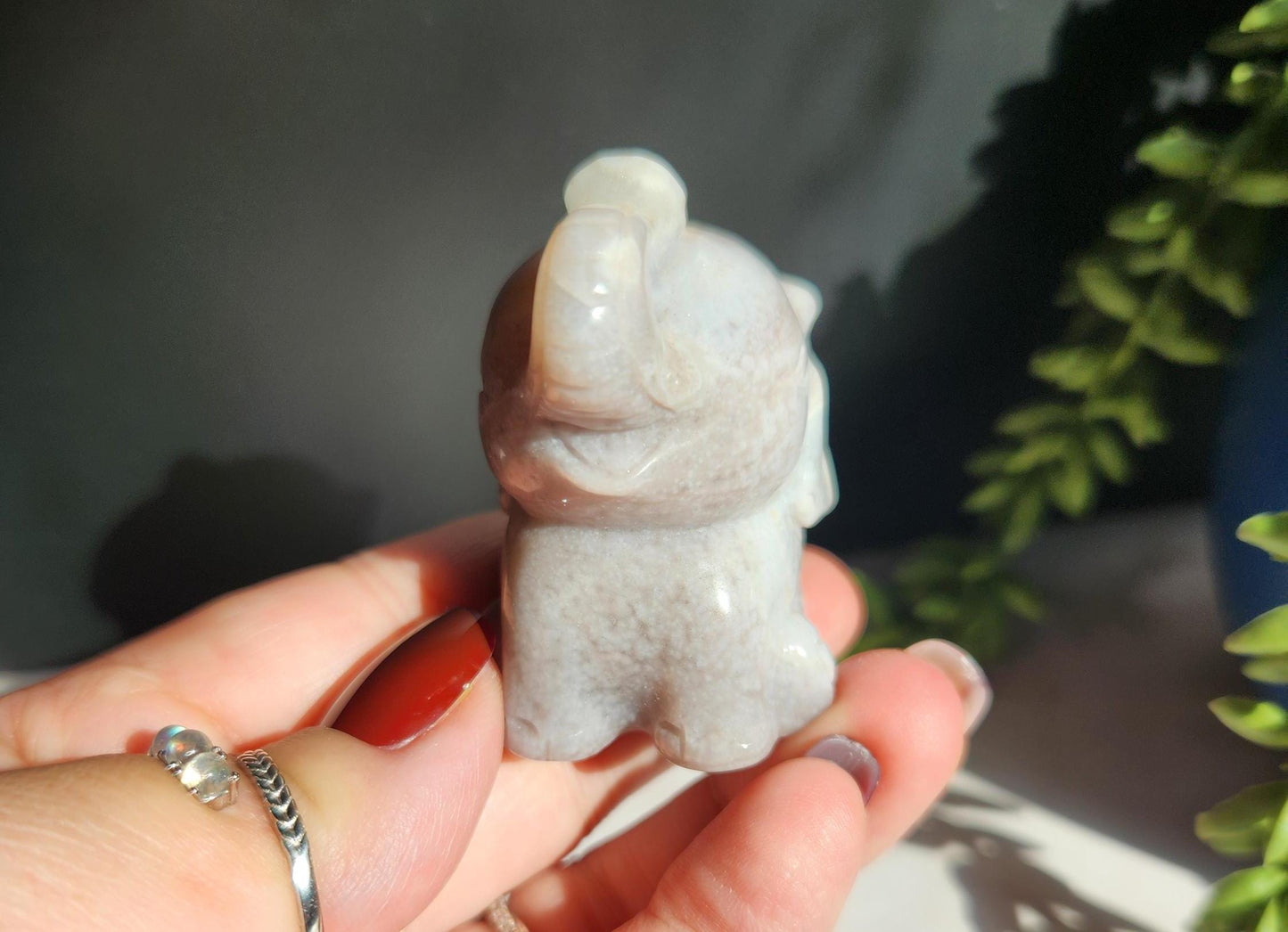 Beautiful happy hand carved pink amethyst flower agate elephant, natural