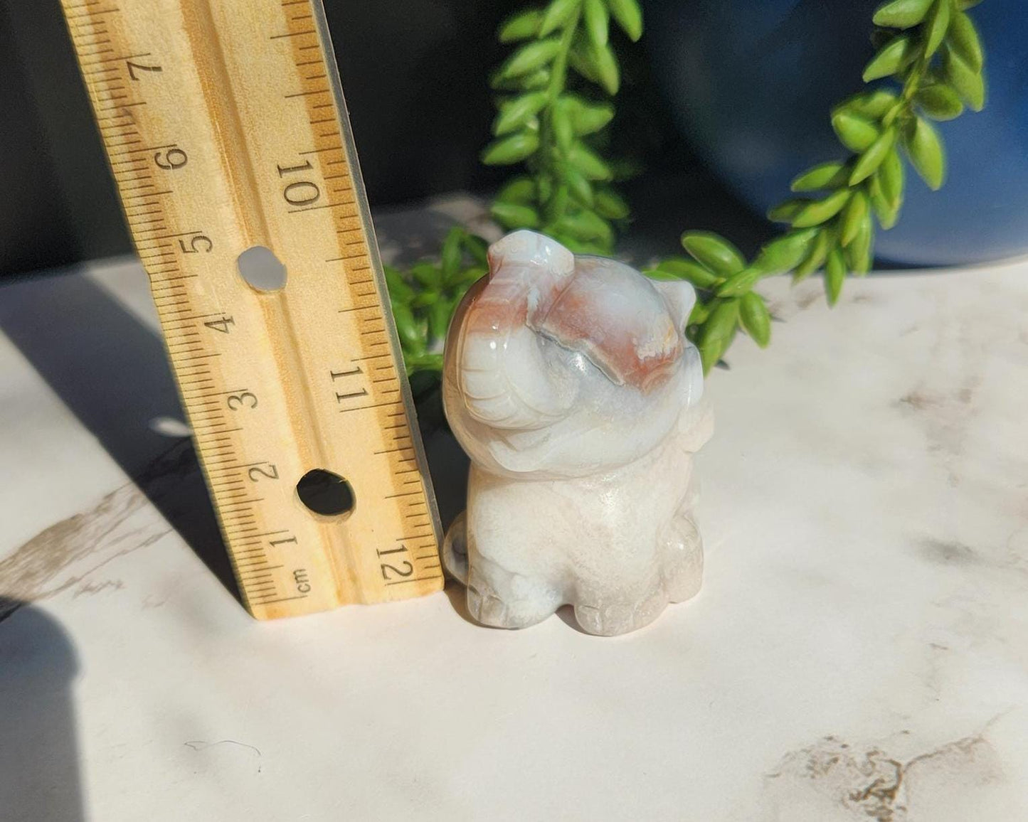 Beautiful happy hand carved carnelian flower agate elephant with black chalcedony, natural