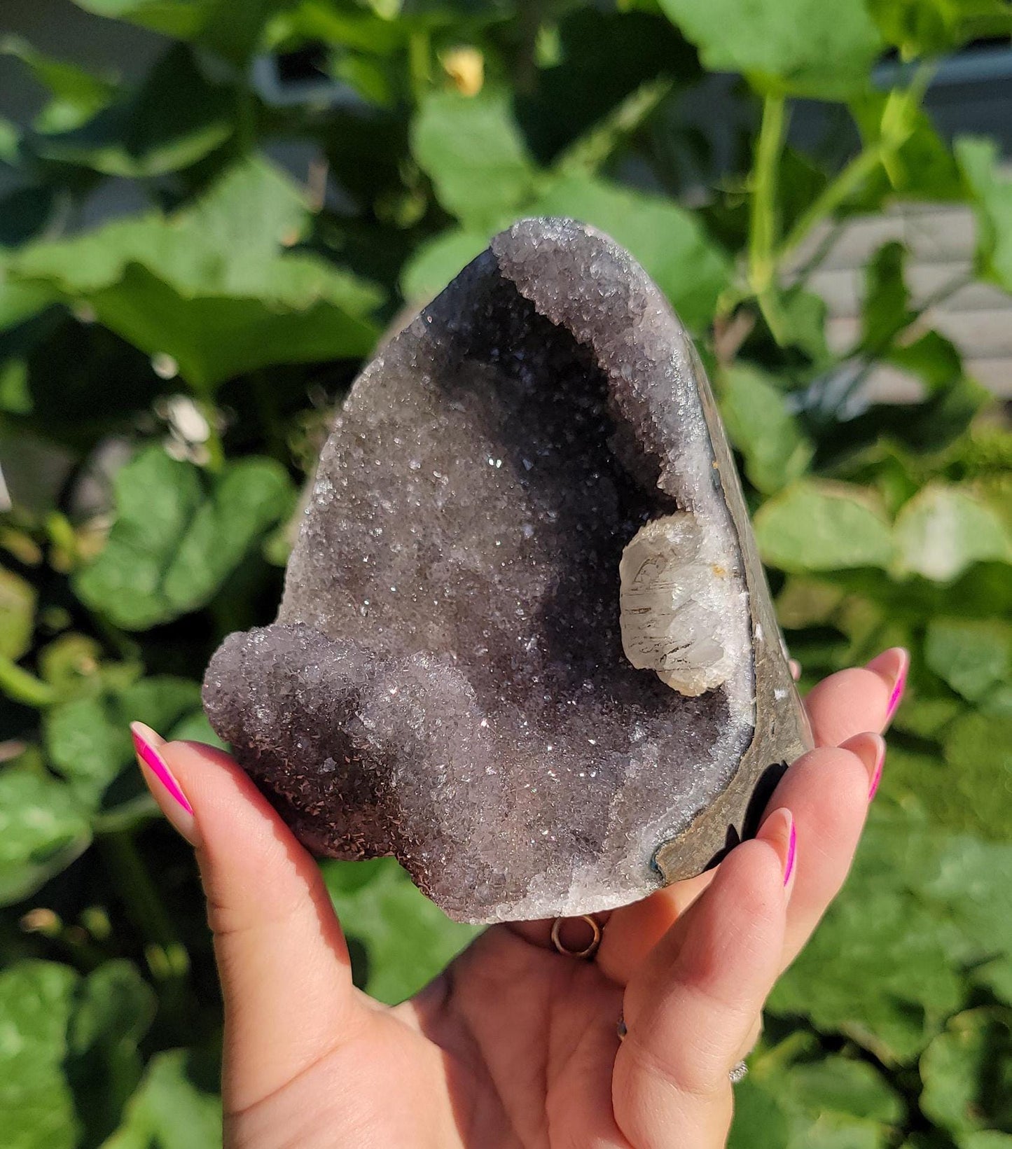 Lavender gray rainbow amethyst cutbase with calcite from Uruguay, natural color