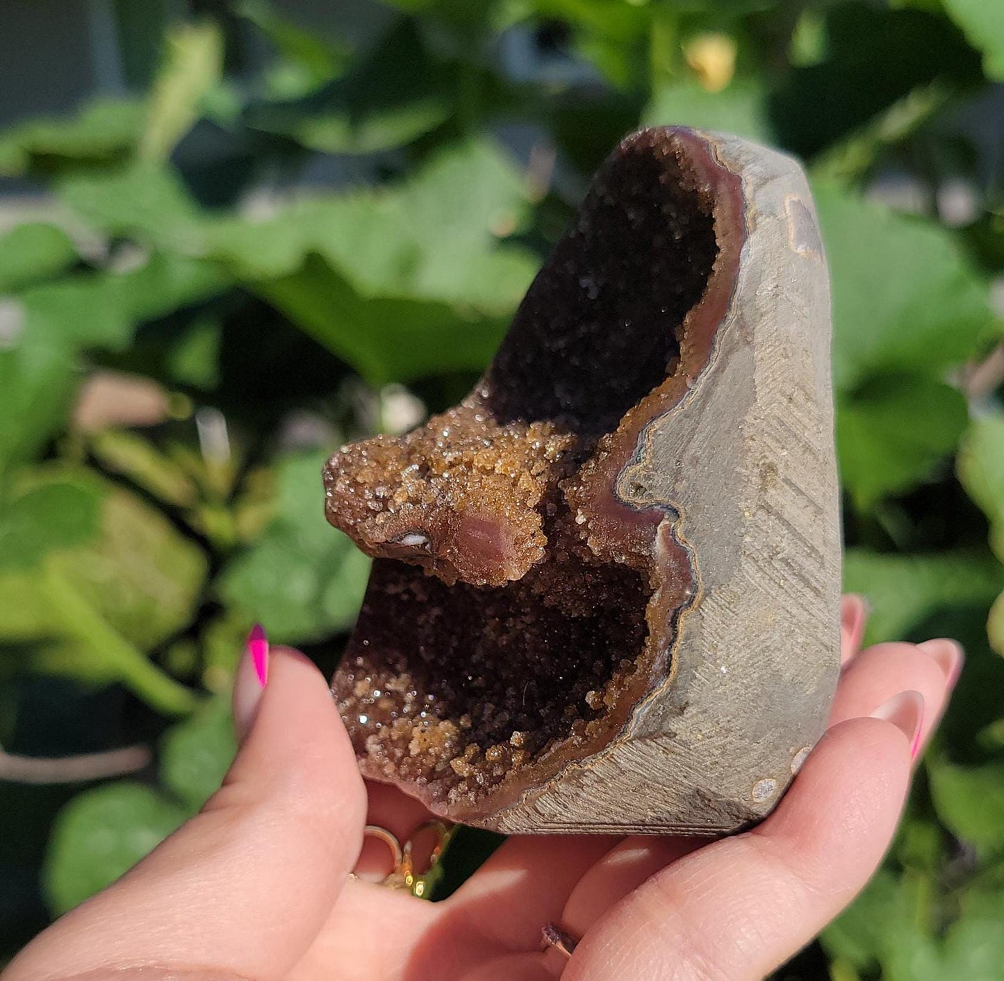 Beautiful brown rainbow amethyst cutbase from Uruguay, natural color
