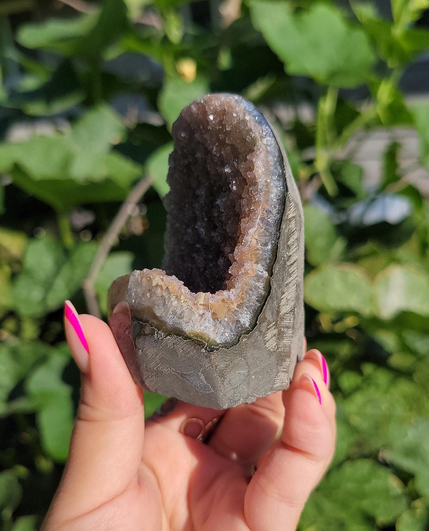 Sparkly rainbow amethyst cutbase from Uruguay, natural color