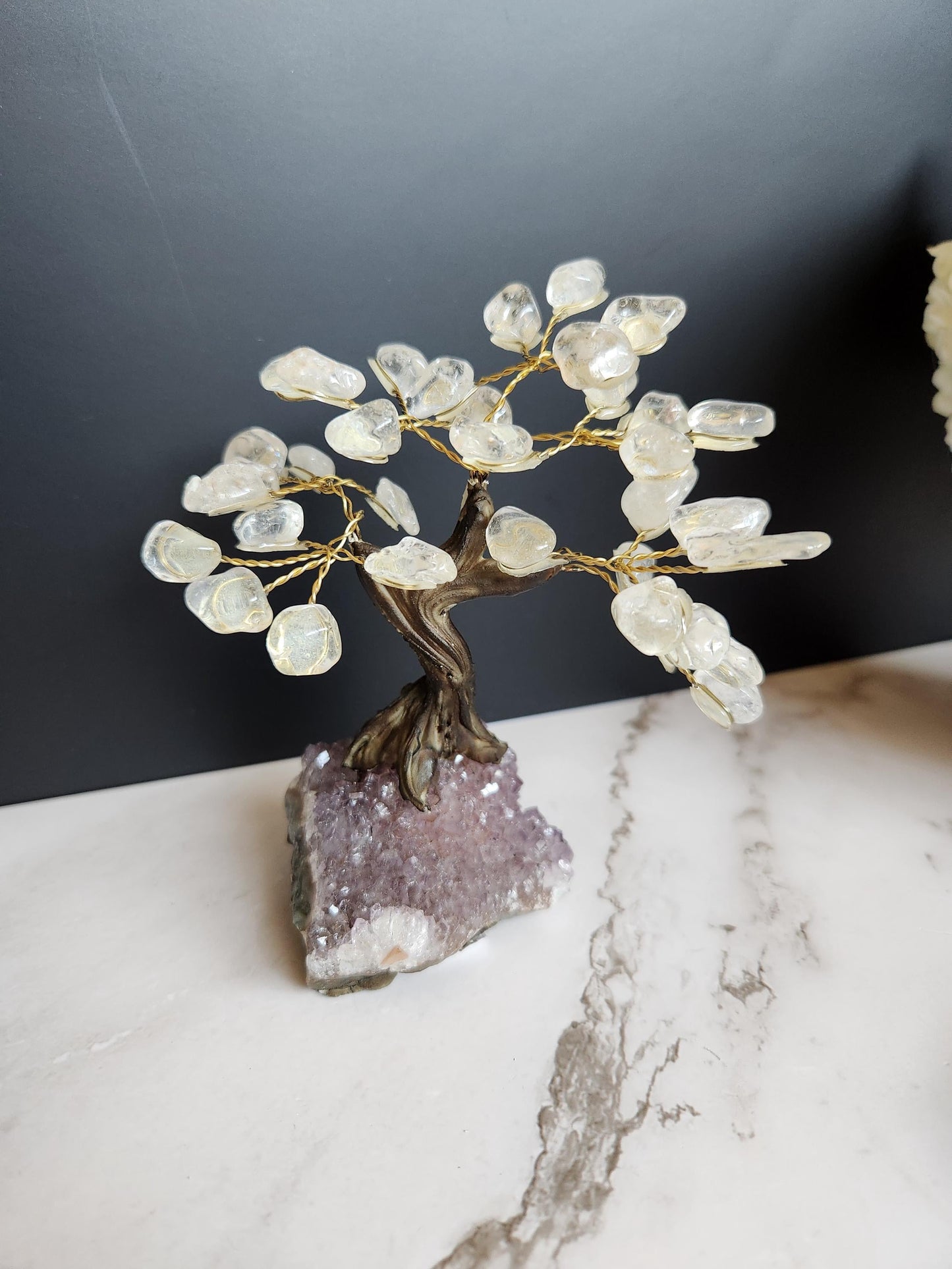 Beautiful clear quartz bonsai tree with purple amethyst cluster base from Brazil, home decor