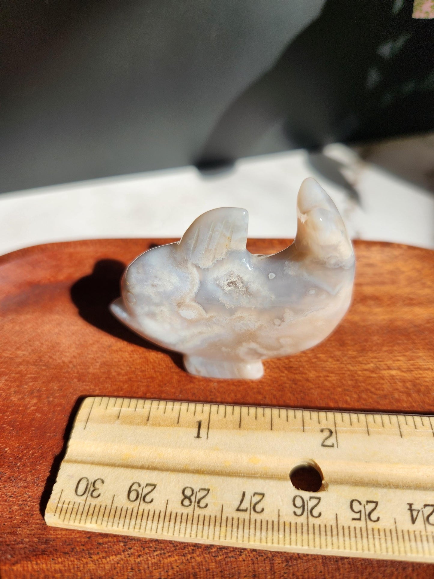 Soft pink flower agate dolphin carving, natural, self standing