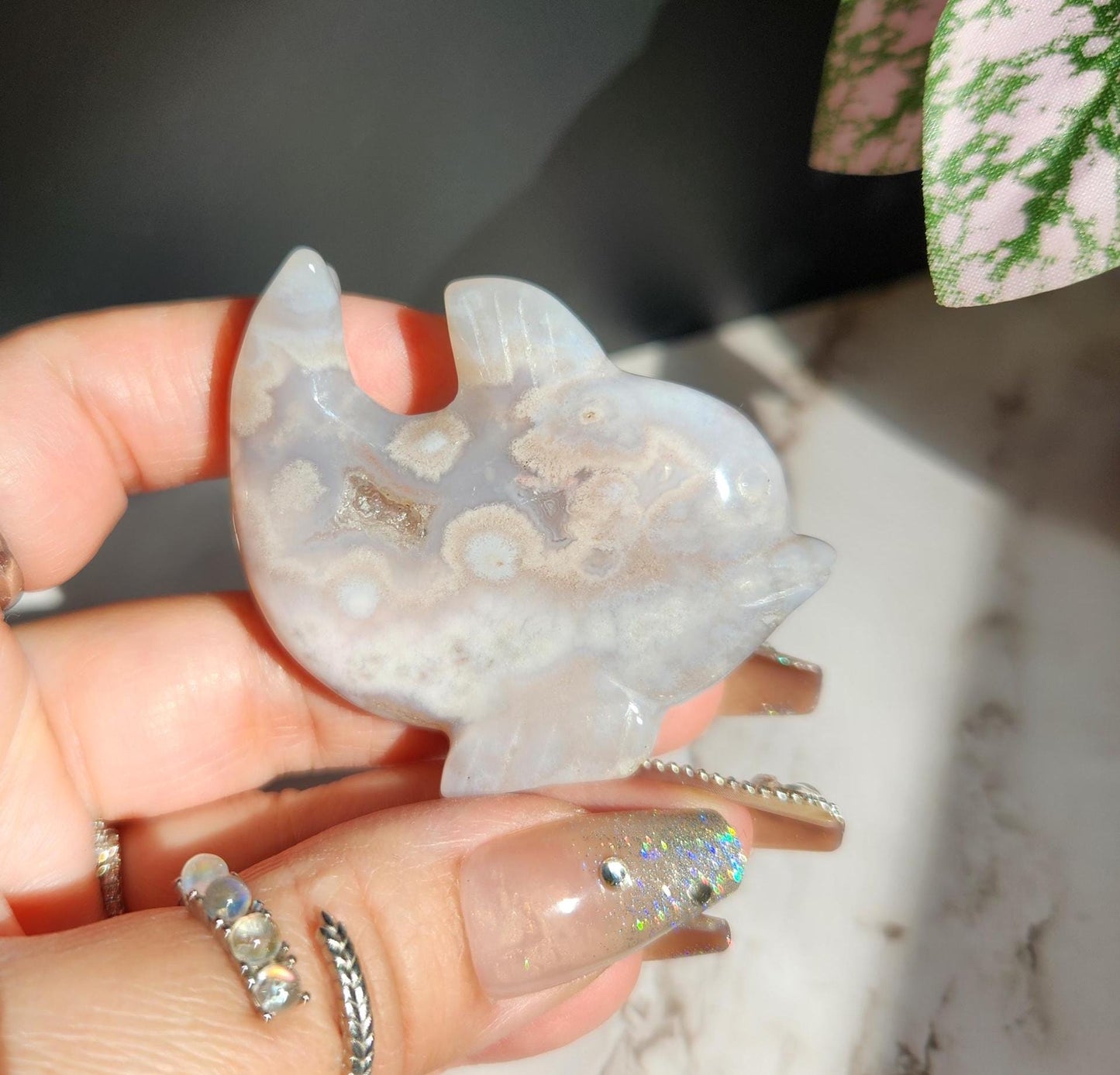 Soft pink flower agate dolphin carving, natural, self standing