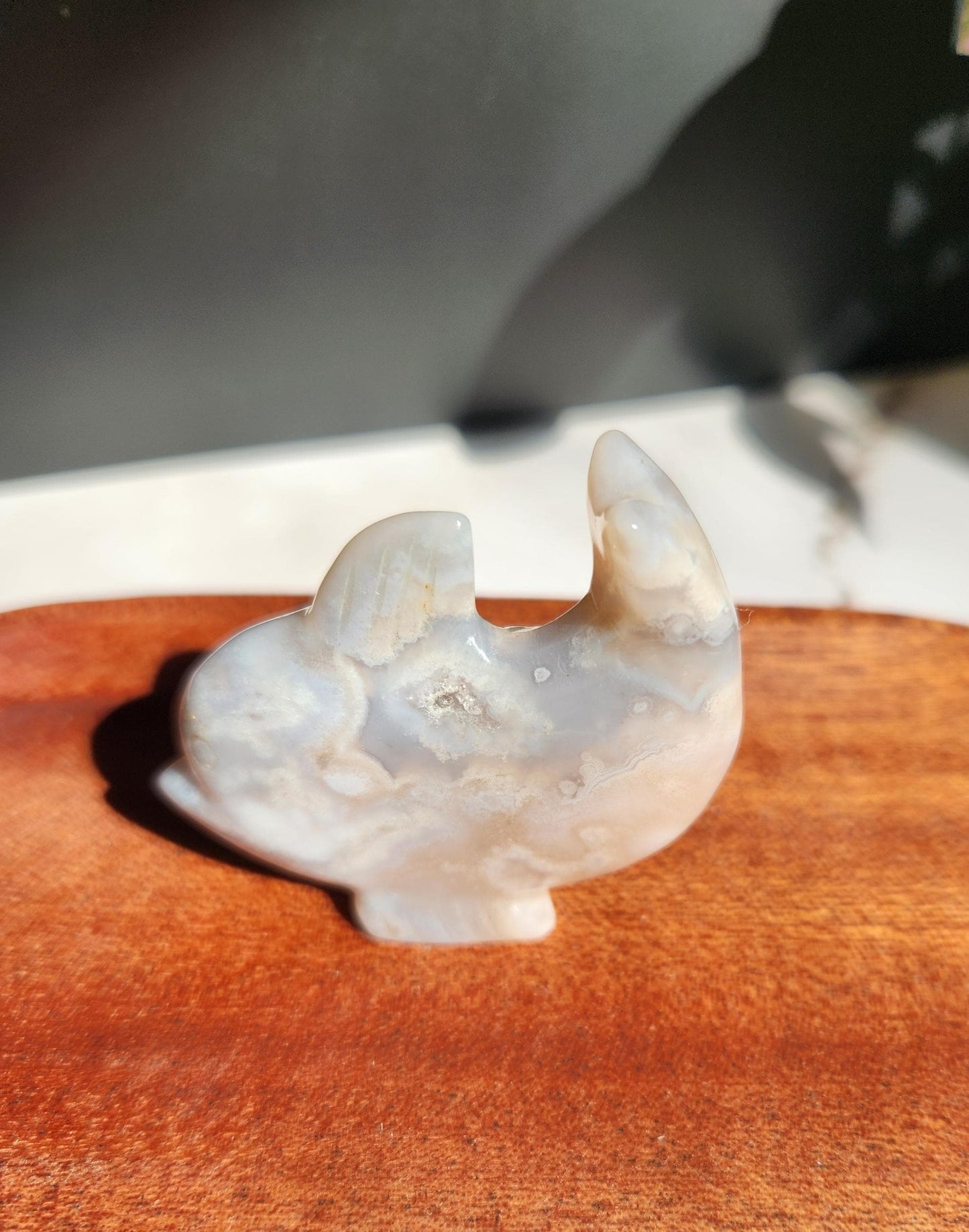 Soft pink flower agate dolphin carving, natural, self standing