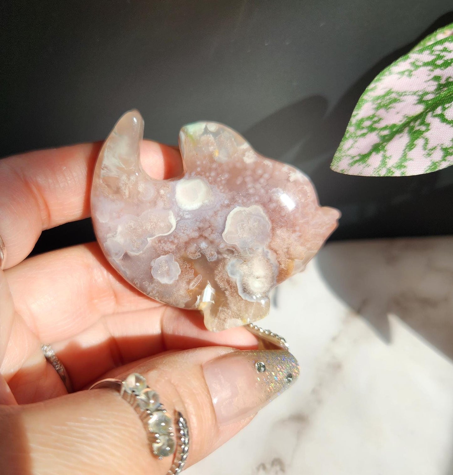 Beautiful flower agate dolphin carving, natural, self standing