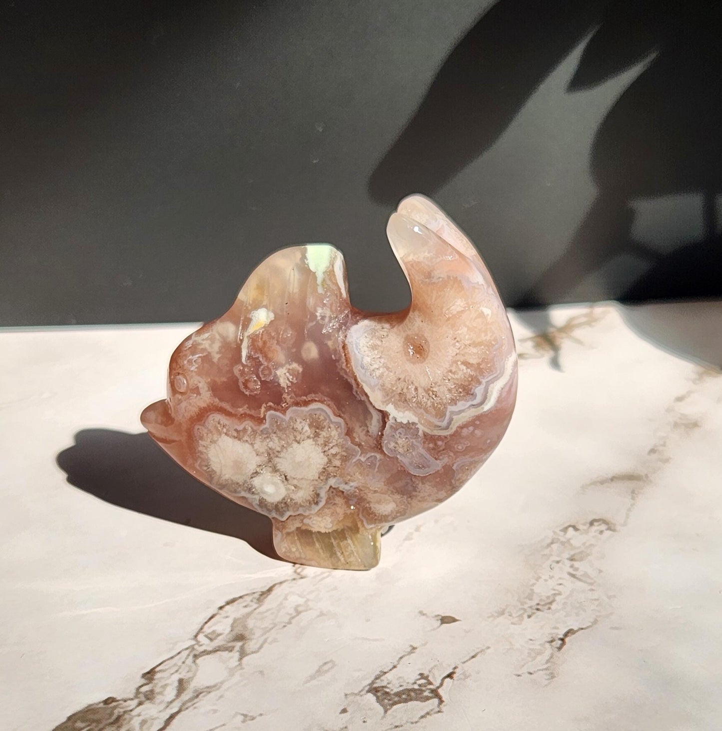Beautiful flower agate dolphin carving, natural, self standing