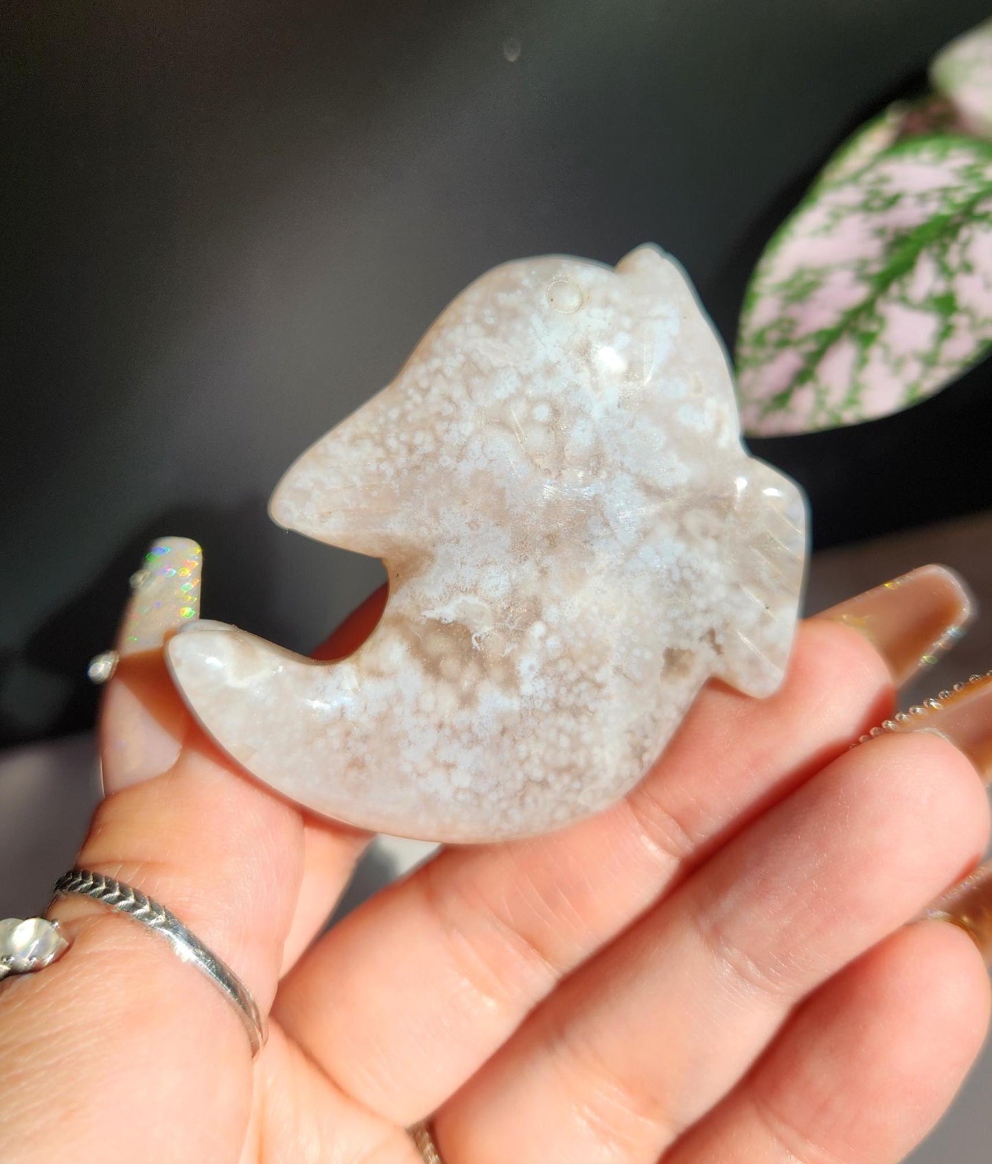 Beautiful flower agate dolphin carving, natural, self standing