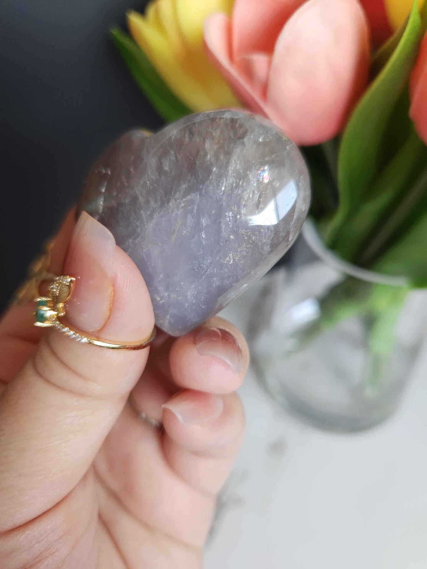 Beautiful blue rose quartz heart with rainbows from Madagascar 15A