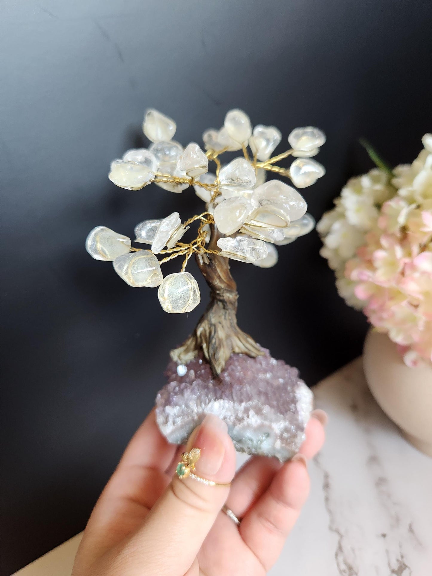 Beautiful clear quartz bonsai tree with purple amethyst cluster base from Brazil, home decor